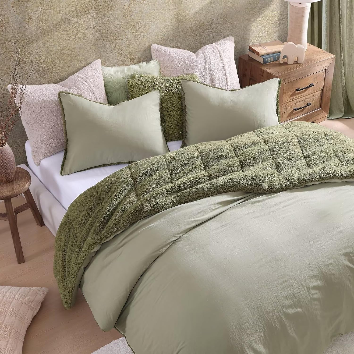 WRENSONGE King Size Comforter Set, Sage Green Ultra Soft Fuzzy Sherpa Fleece Com...