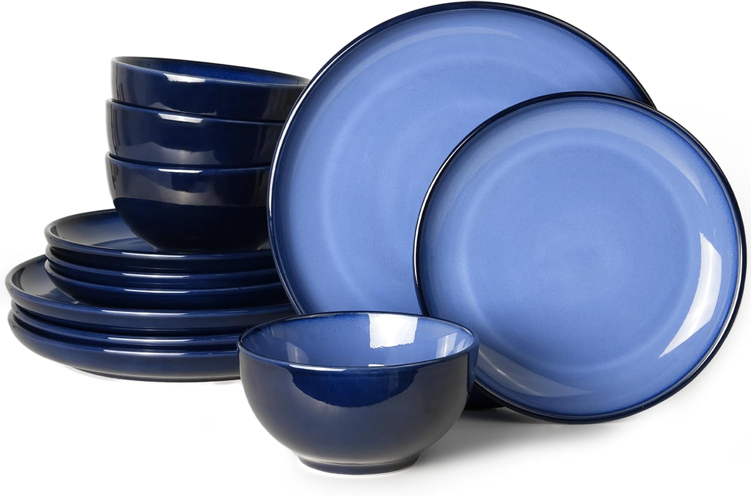 Blue Stoneware Dinnerware Set, 12 pcs Reactive Glaze Plates and Bowls Sets, Hand...