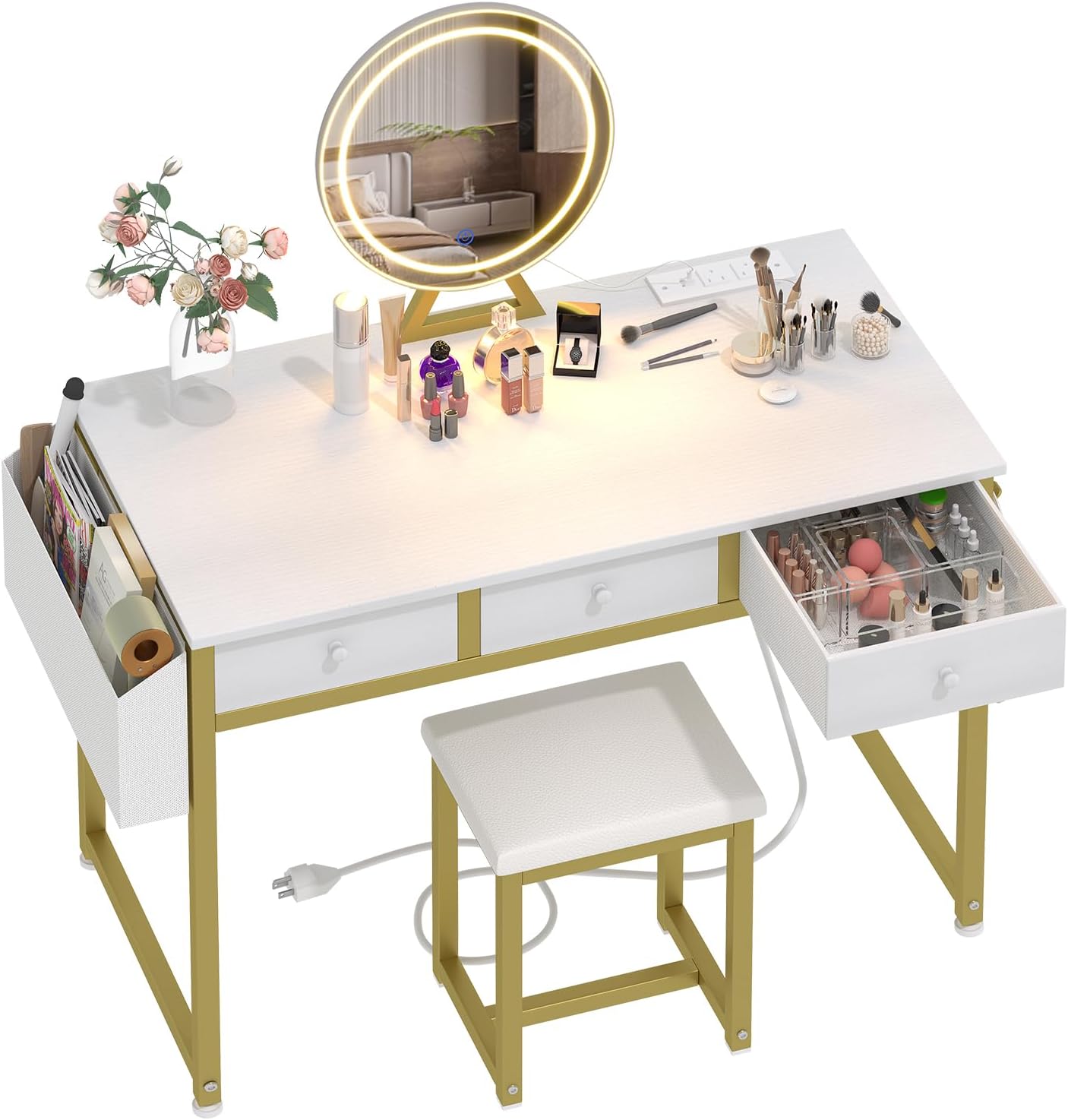 Lufeiya White Makeup Vanity Desk with Mirror and Lights, 40 inch Make Up Vanity...