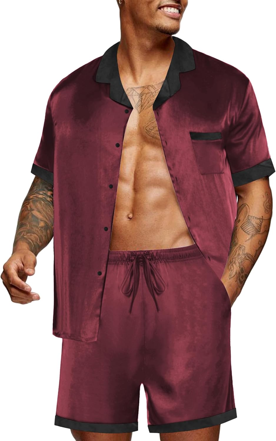 Ekouaer Men Satin Silk Pajamas Set with Pockets Sleepwear Shorts Satin Summer Lo...
