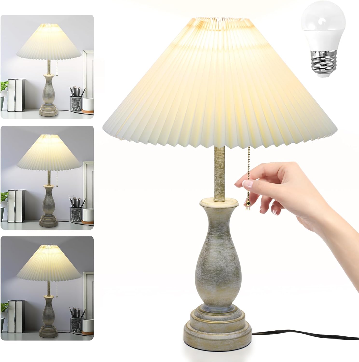 Farmhouse Table Lamp with Pull Chain Switch Control 3-Way Dimmable Table Lamp, M...