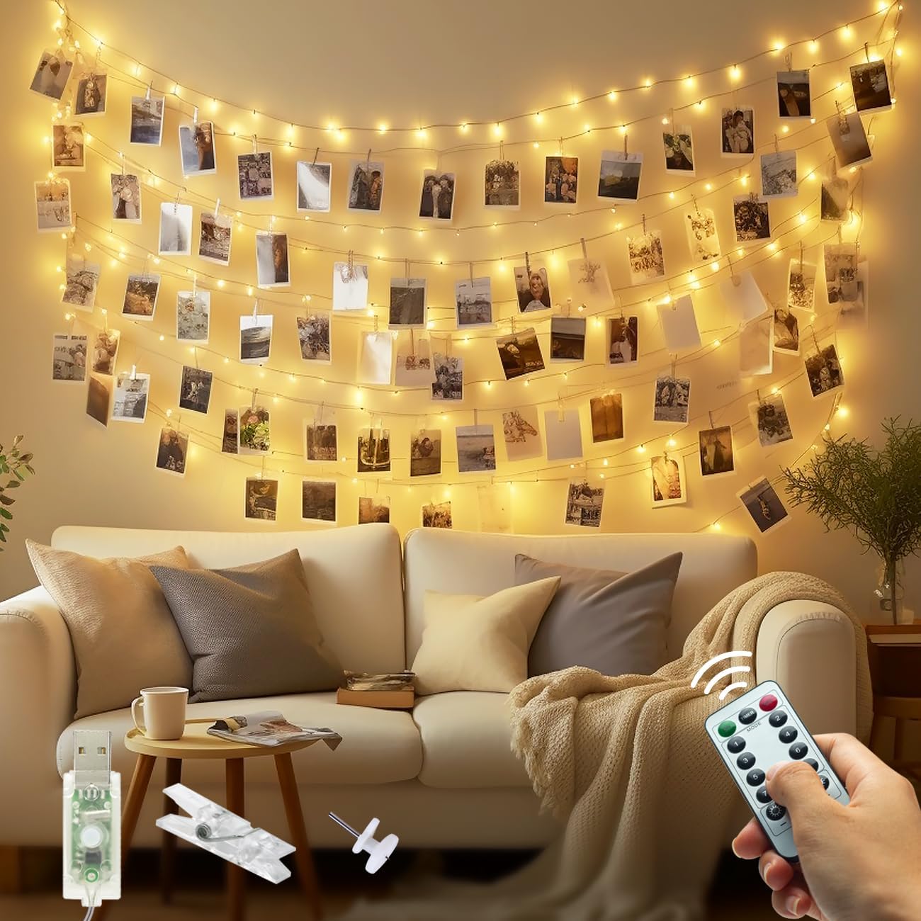 litogo 120 LED Photo Clip String Lights with Timer, USB Plug in Remote Control w...