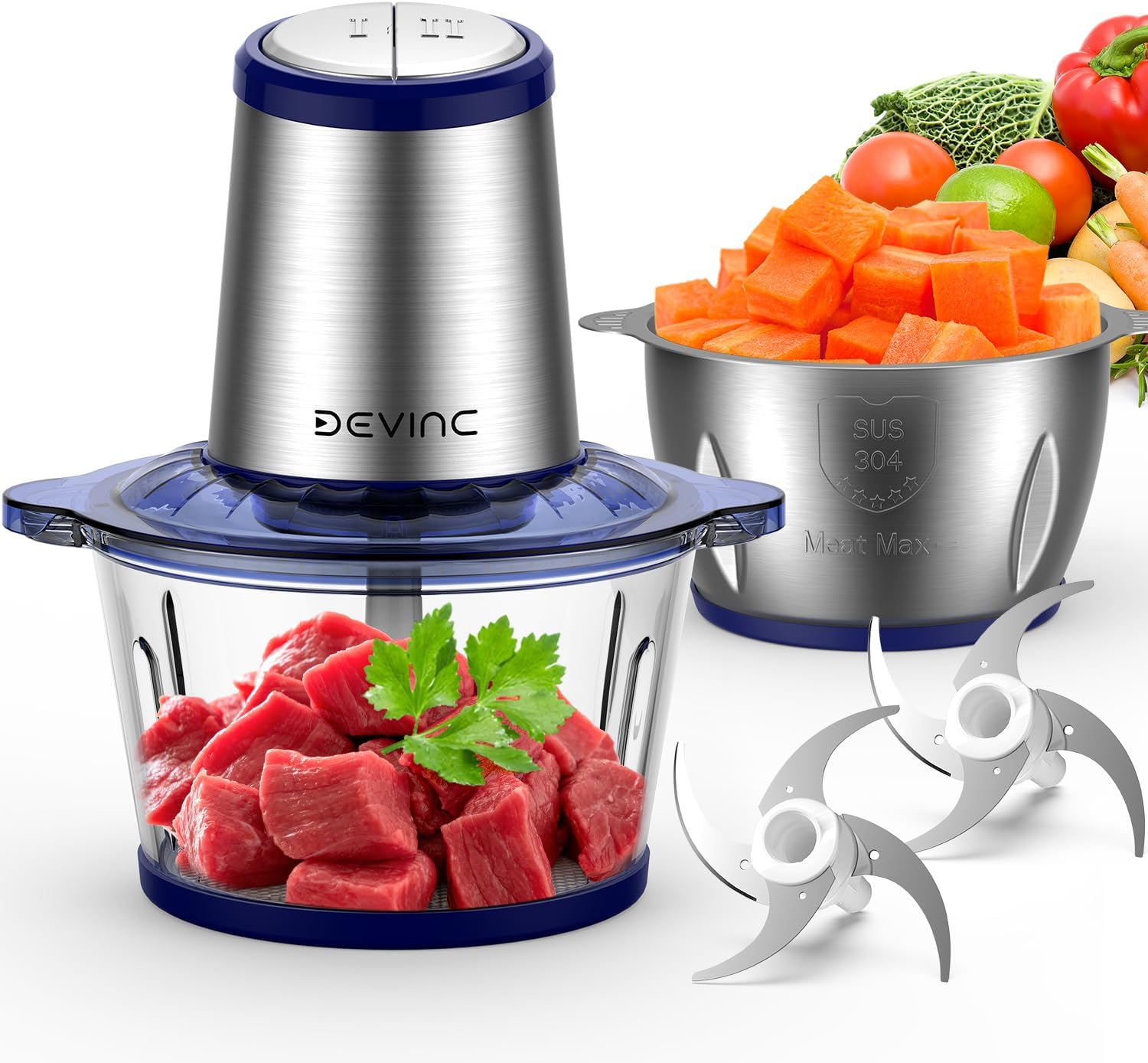 DEVINC Food Processor, Electric Food Chopper with 2 Bowls (8 Cup+8 Cup), 2 Sets...