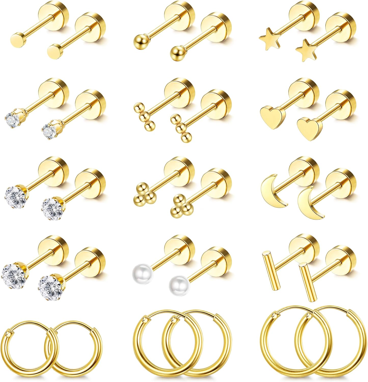 LOLIAS Small Hypoallergenic Flat Back Stud Earrings for Women Men 14K Gold Plate...