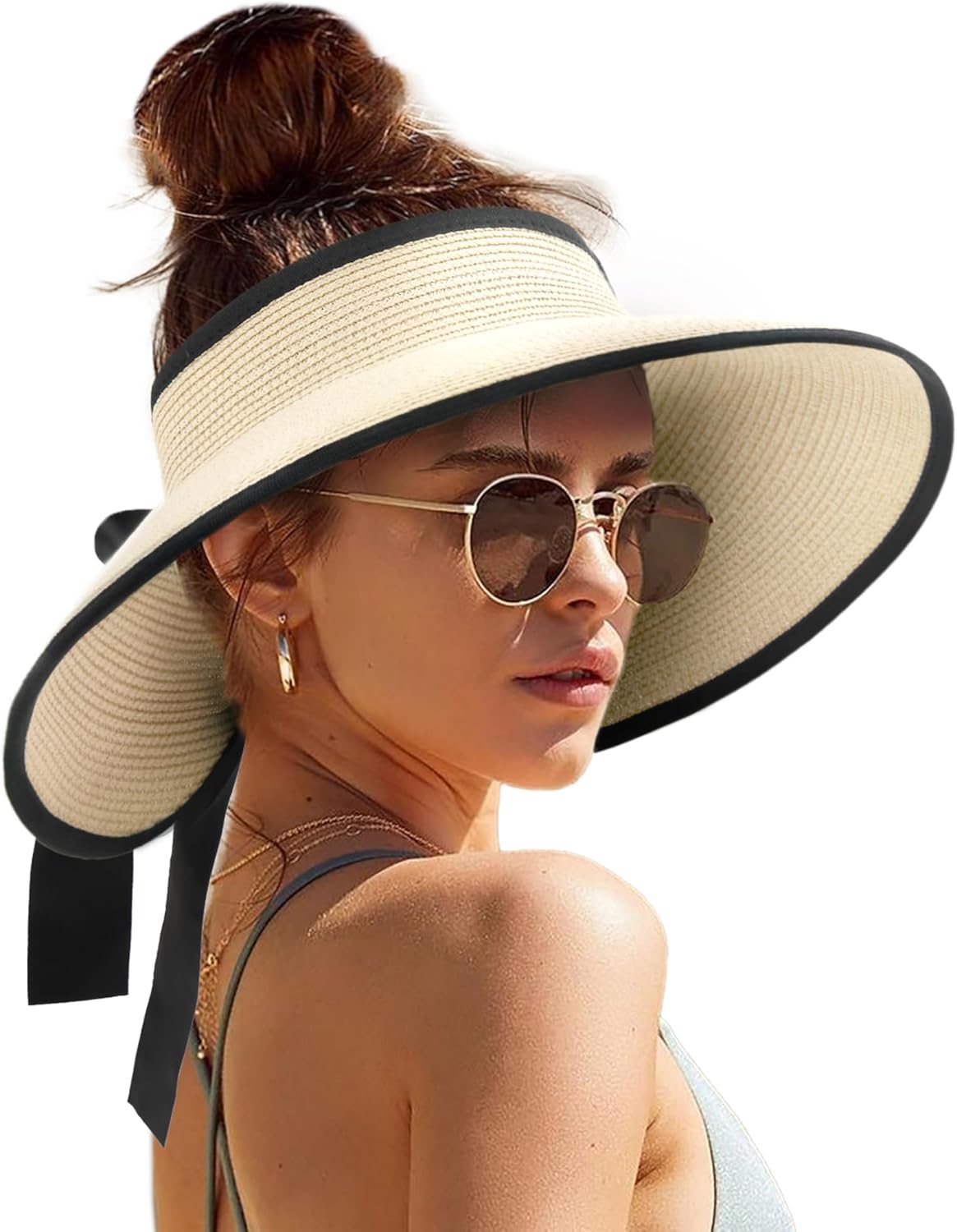 Camptrace UPF 80+ Sun Visors for Women Wide Brim Beach Hat Foldable Straw Visor...
