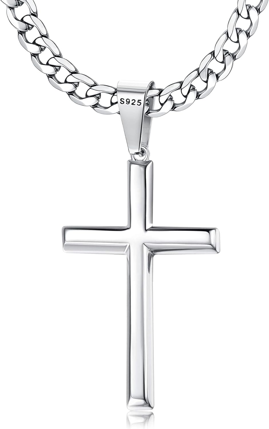 Besteel 925 Sterling Silver Cross Necklace Beveled Edge for Men Women 5mm Stainl...