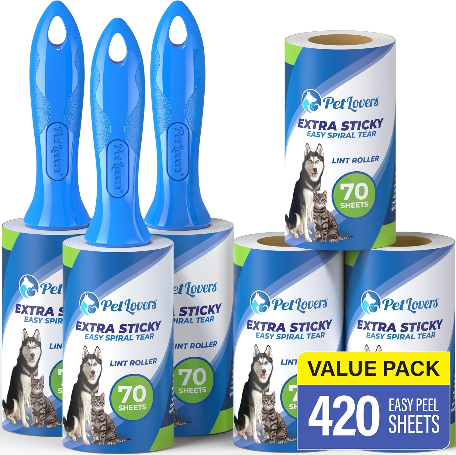 PetLovers Extra Sticky Lint Roller Mega Value Set 420 Sheets for Pet Hair Remova...