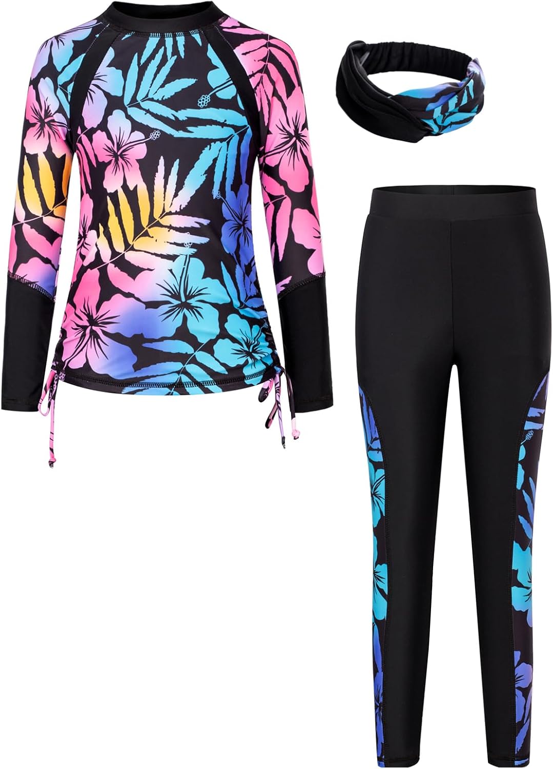 GRACE KARIN Girls Long Sleeve Swimsuit Two Piece Rashguard Floral Swimwear 6-14Y...