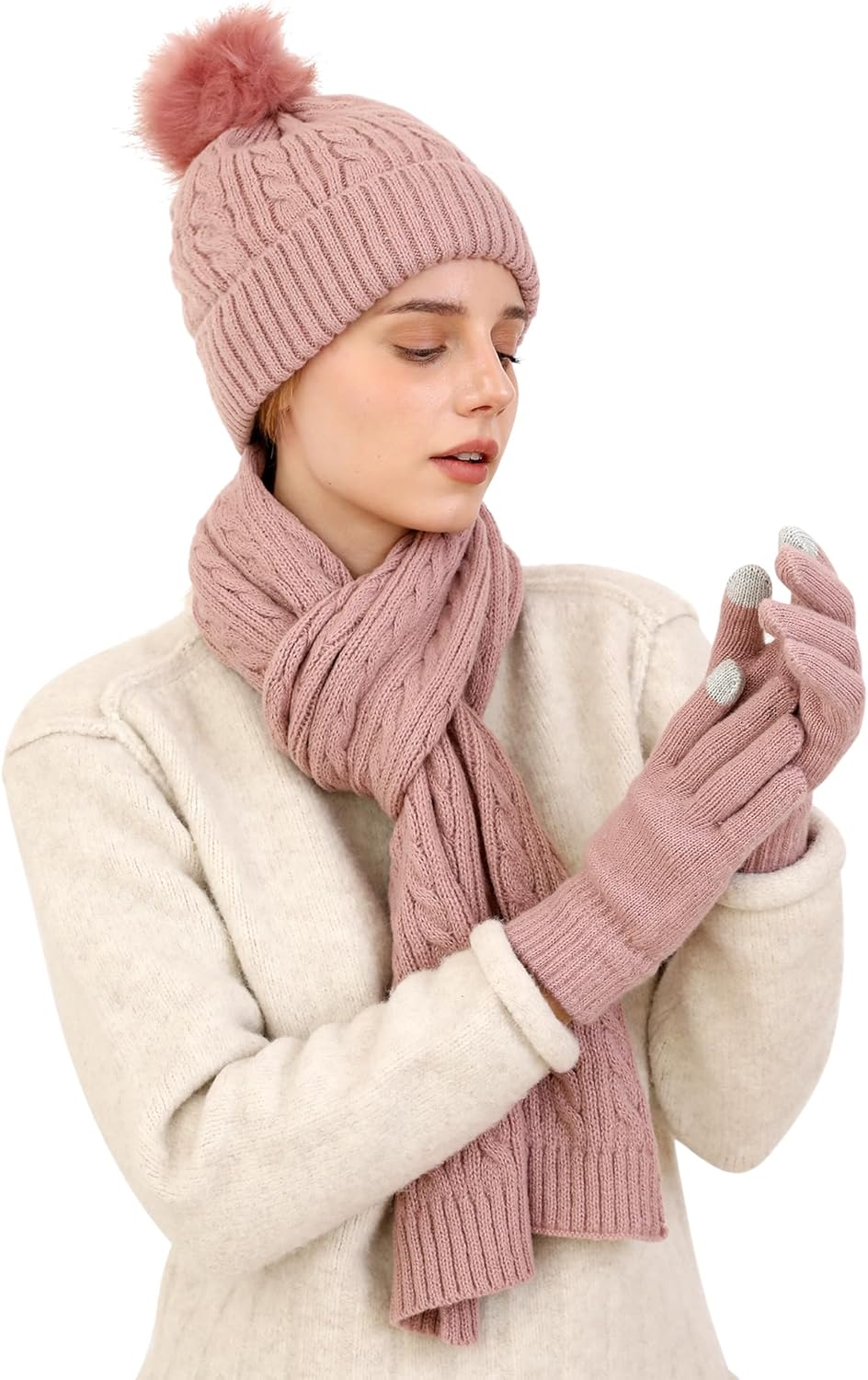 Double Couple 3pcs Winter Woven scarf and hat and Touch Screen Gloves Set for Wo...