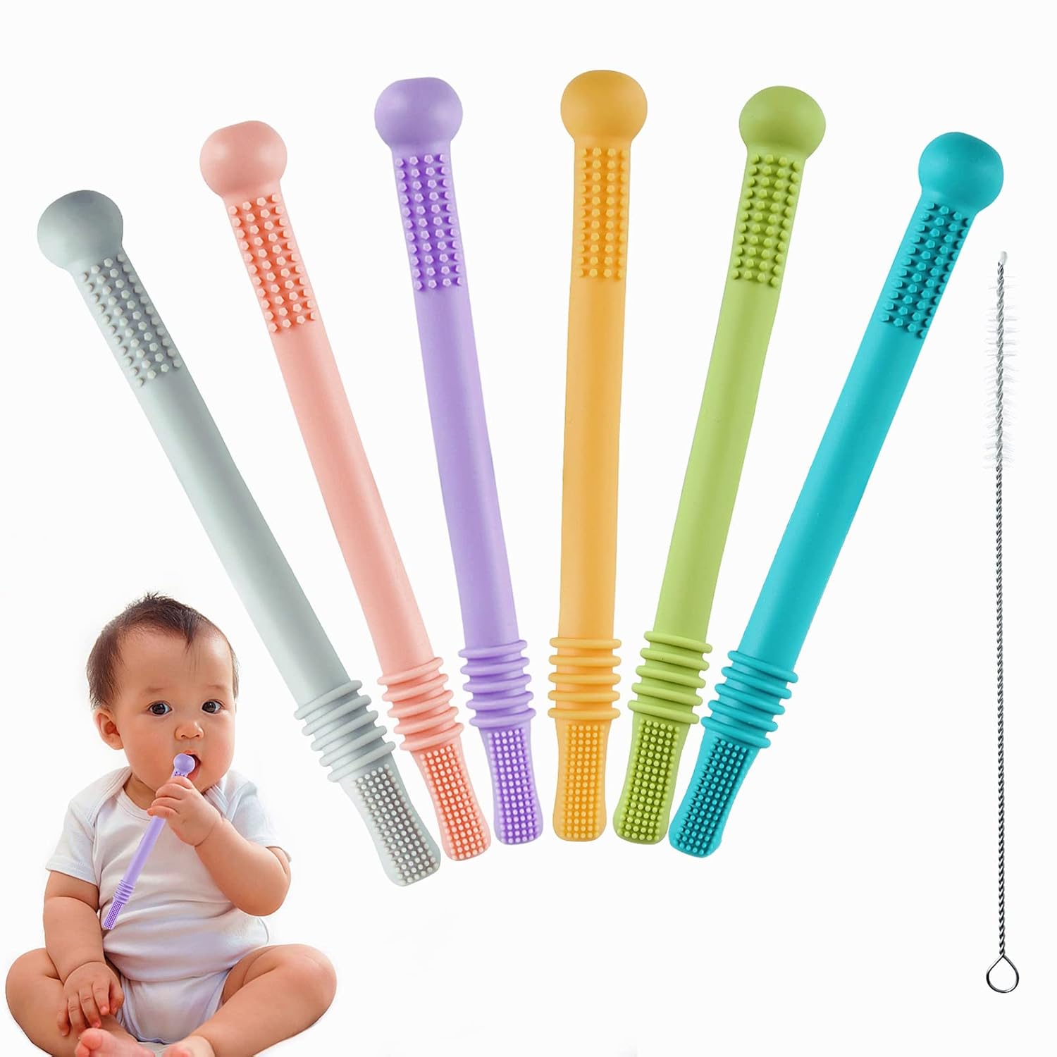 Chuya 6 Pack Hollow Teether Tube, Silicone Tubes Baby Teether Toys,Chew Straws T...