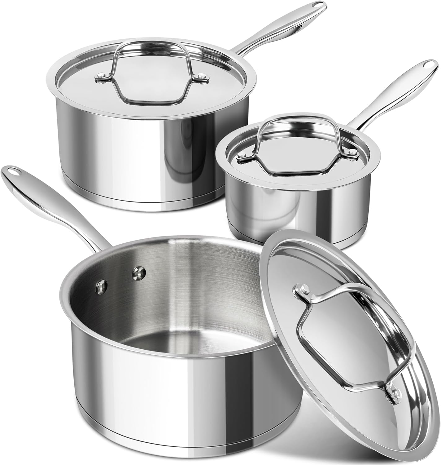 MICHELANGELO Stainless Steel Saucepan Set with Stainless Lids, Tri-Ply Bottom Sa...