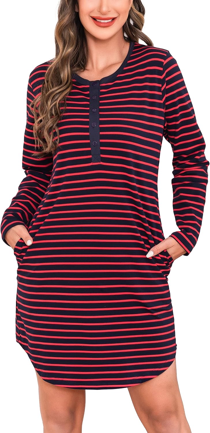 Vlazom Women’s Nightdresses Soft Cotton Nightshirt Stripes Long Sleeve Nighties...