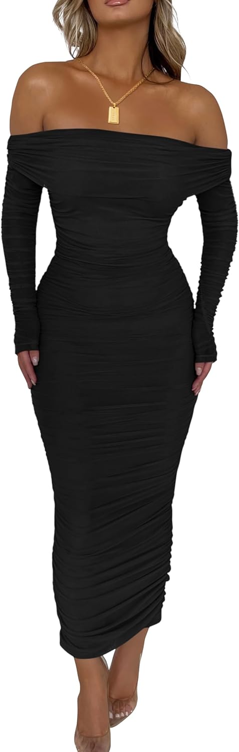 PRETTYGARDEN Women's Fall Off Shoulder Maxi Bodycon Dress Long Sleeve Ruched Fit...