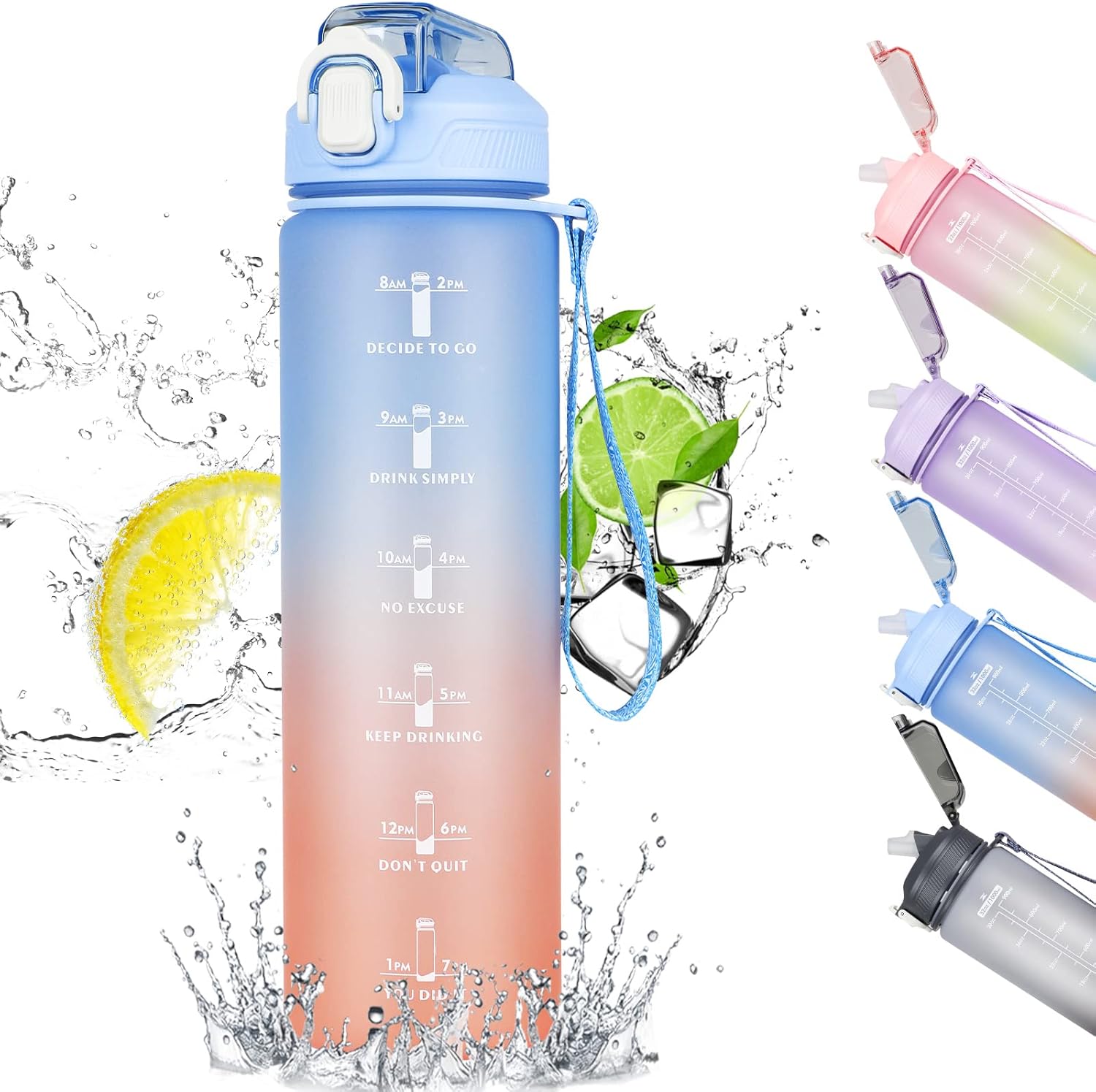 CodiCile 1L Water Bottle, Sports Water Bottle with Straw and Time Markings,Motiv...
