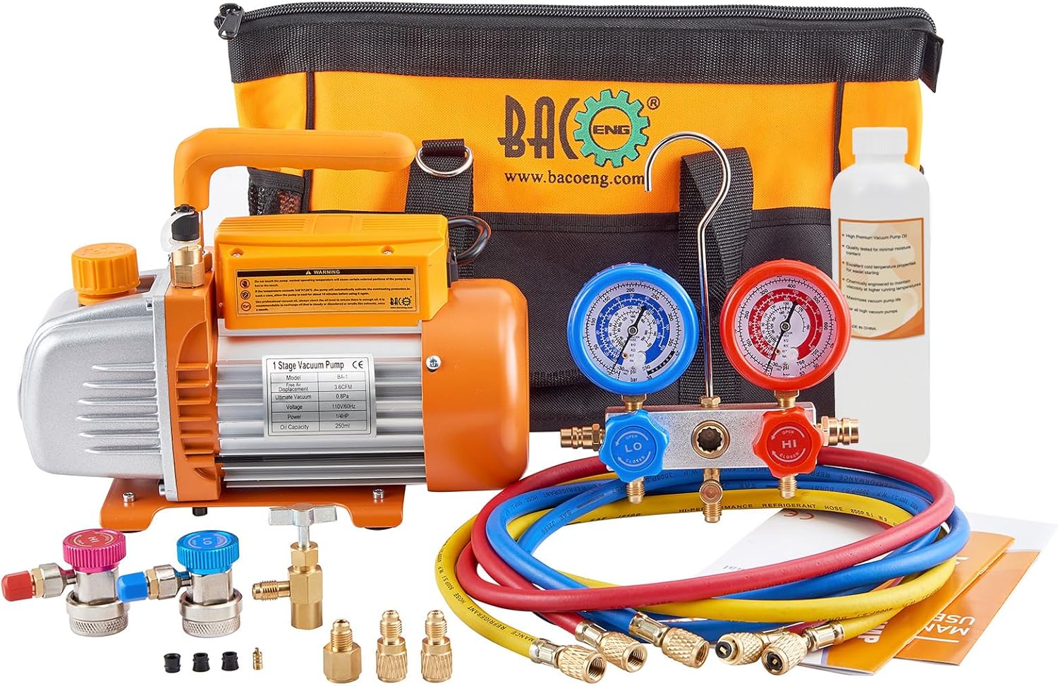BACOENG 3.6CFM 1/4HP AC Vacuum Pump and Manifold Gauge Set for R134a R12 R22 HVA...