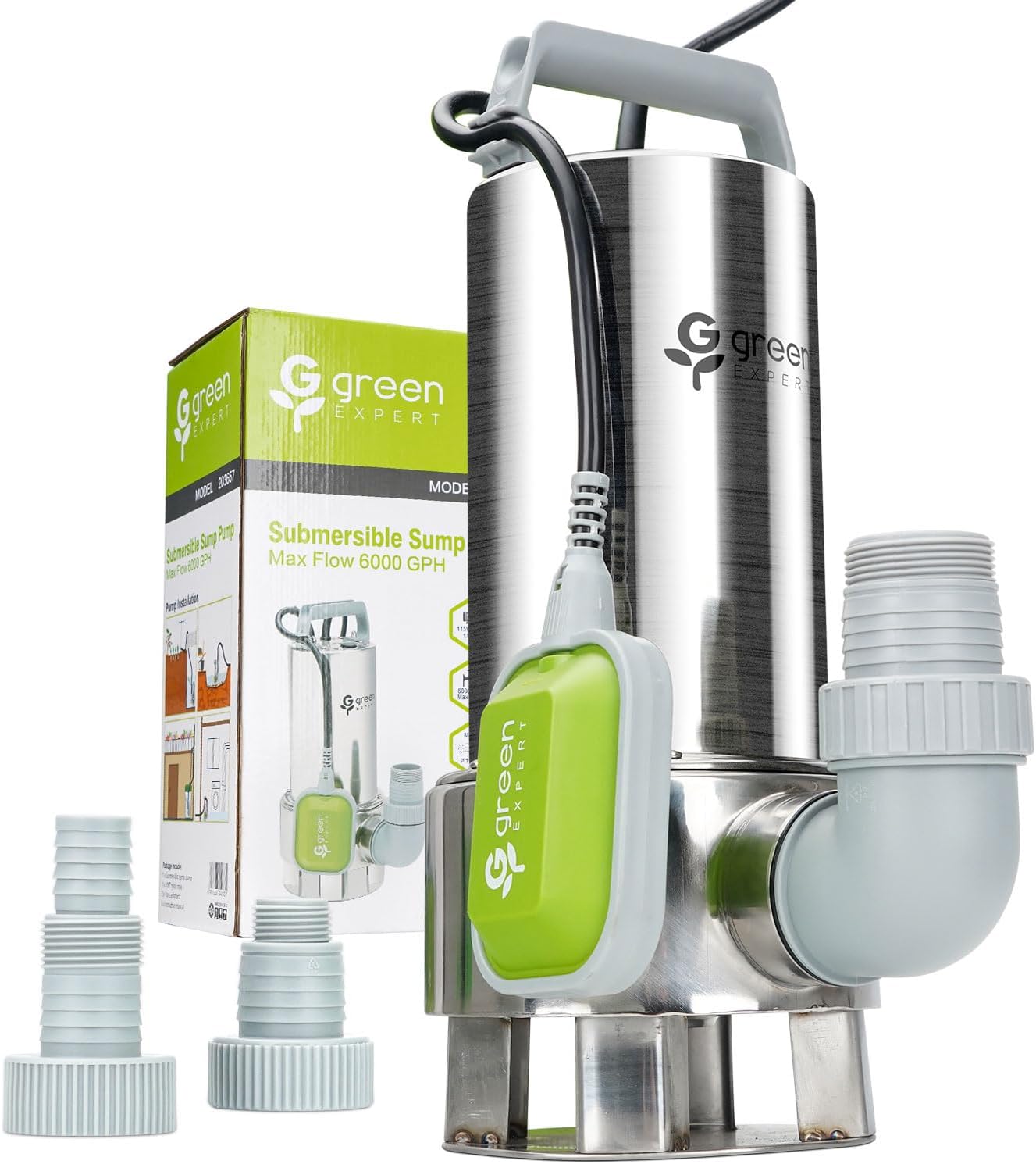 Green Expert 1.5HP Submersible Sump Pump 6000GPH High Flow Full 304 Stainless St...