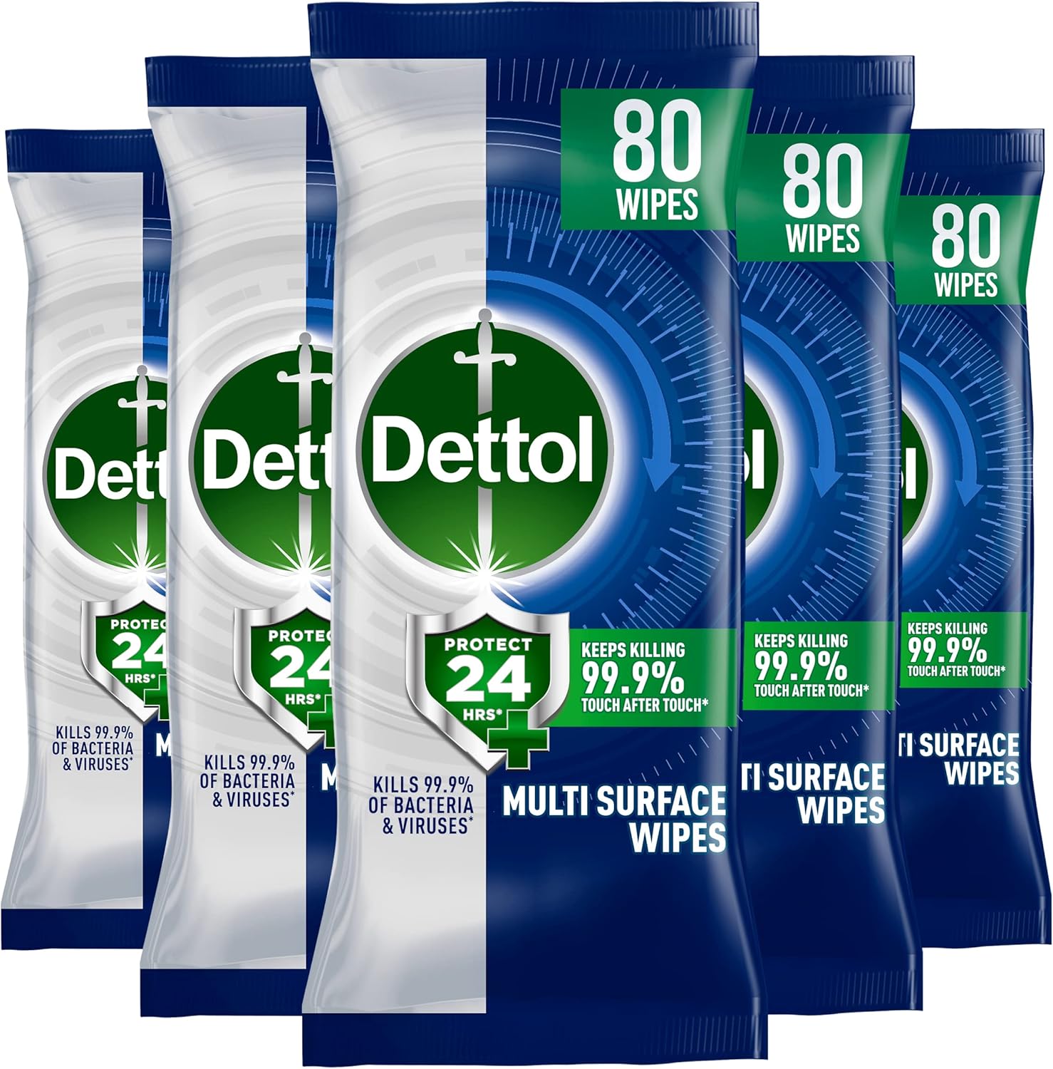 Dettol Protect 24 Multipurpose Antibacterial Wipes, 5 Pack of 80, Total 400, Lon...