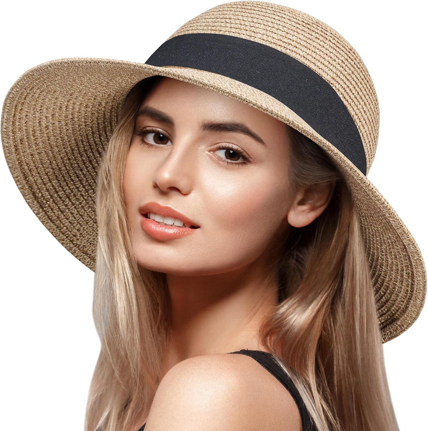 VIFUUR Womens Straw Hats Wide Brim Summer Visor Beach Sun Hat Packable UPF UV Fo...