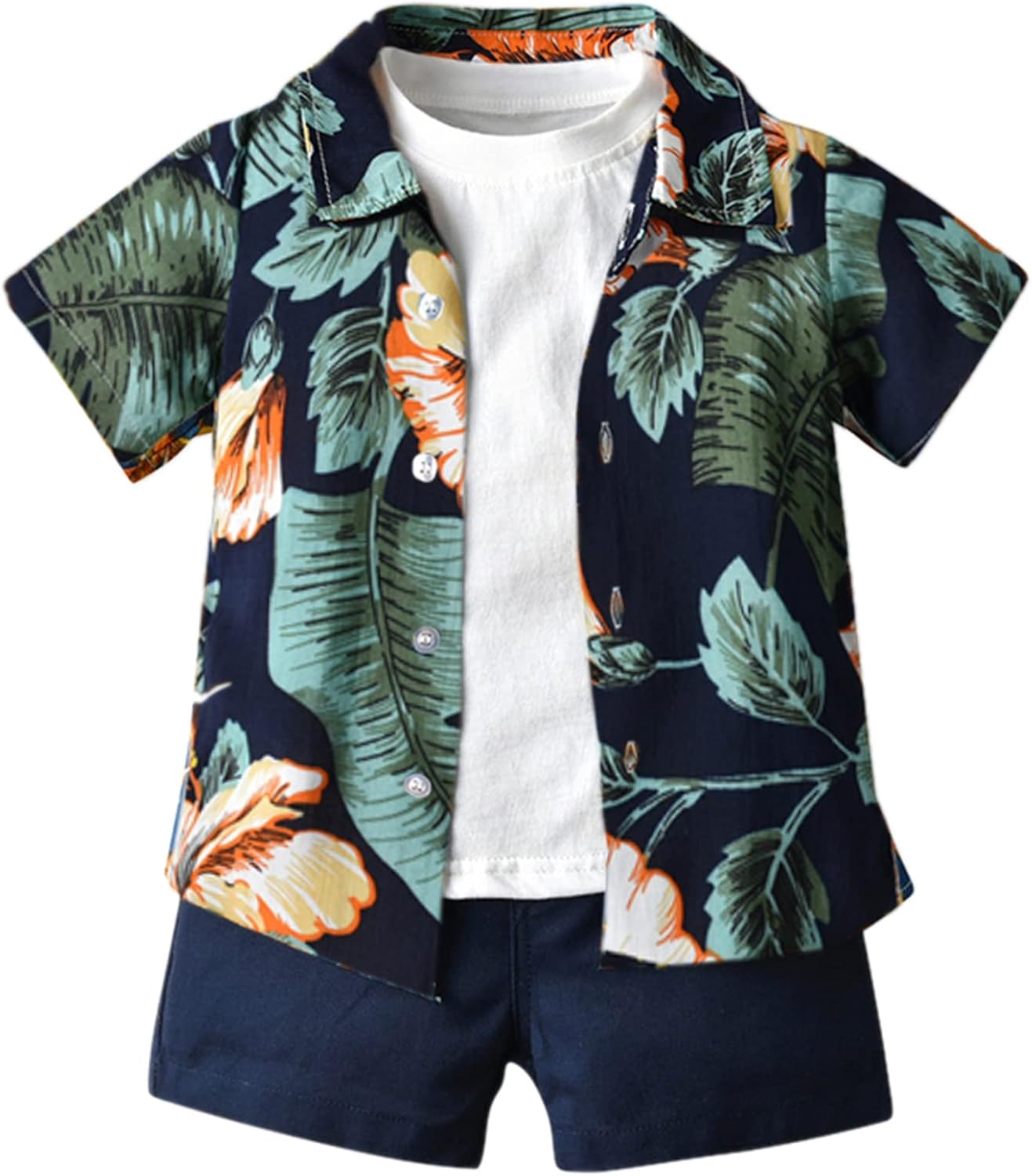 SANGTREE Boys Summer Short Hawaiian Outfit, Button Down Shirt + White T-shirt +...