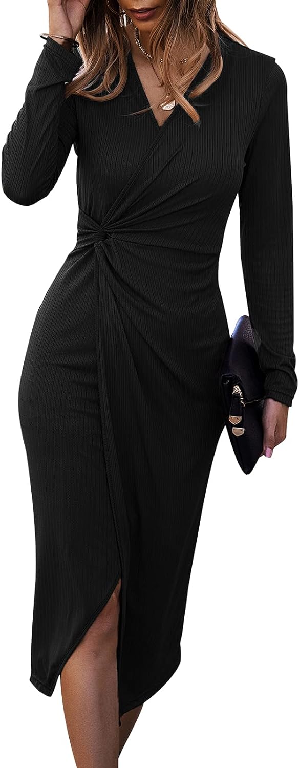 SHIBEVER Women's Long Sleeve Dress: Midi Casual V Neck Twist Waist Ribbed Knit B...