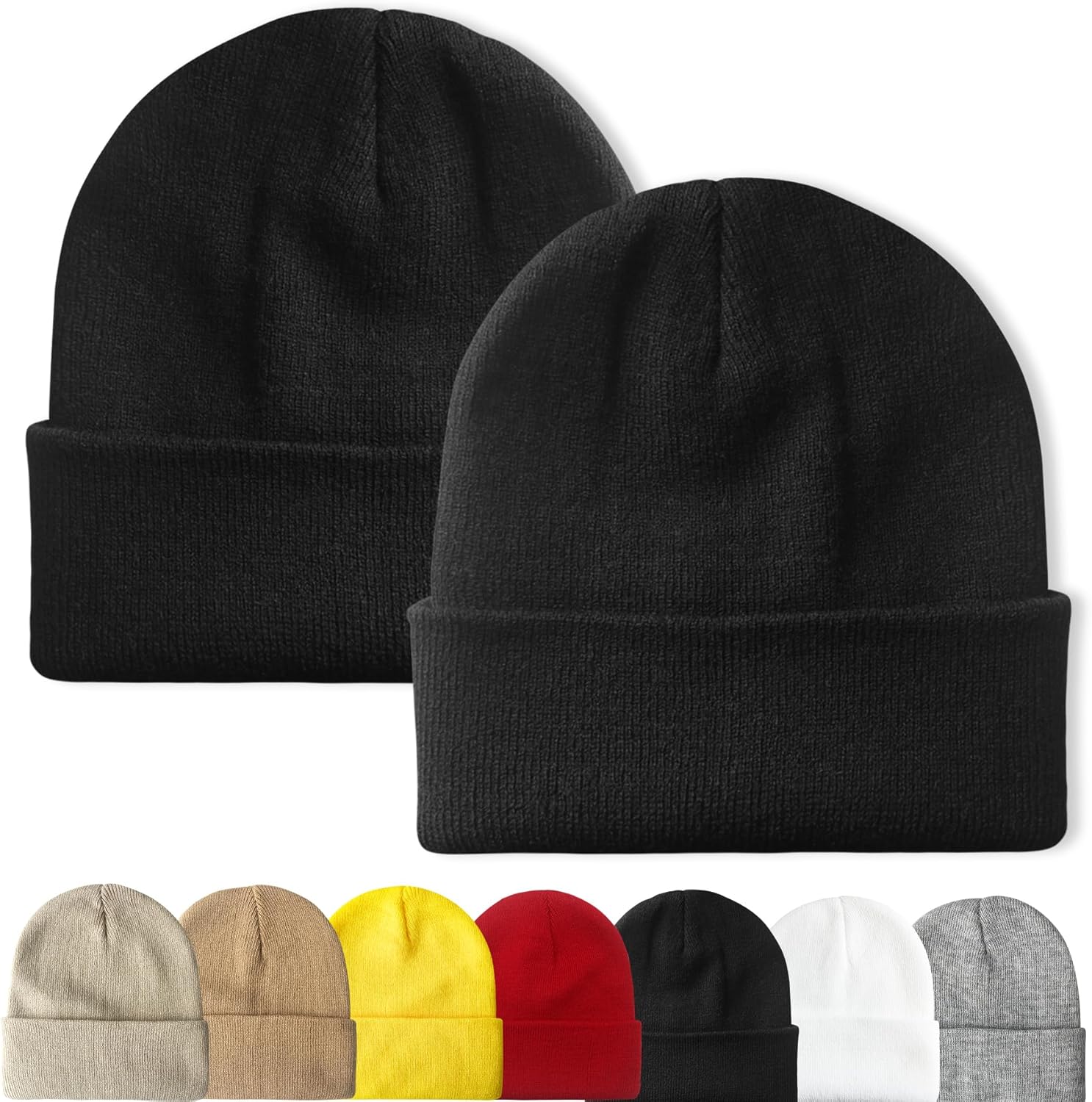 PFFY 2 Packs Unisex Beanie Hats for Men Women Knit Winter Beanies Black+black 2