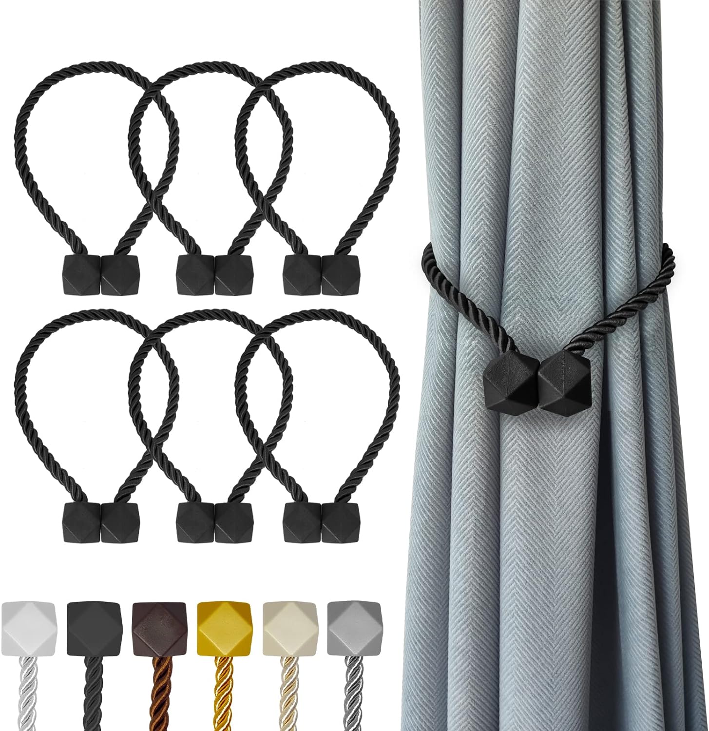 Hion Magnetic Curtain Tiebacks Black 6 Pack, Curtain Tiebacks Buckles Holdbacks...