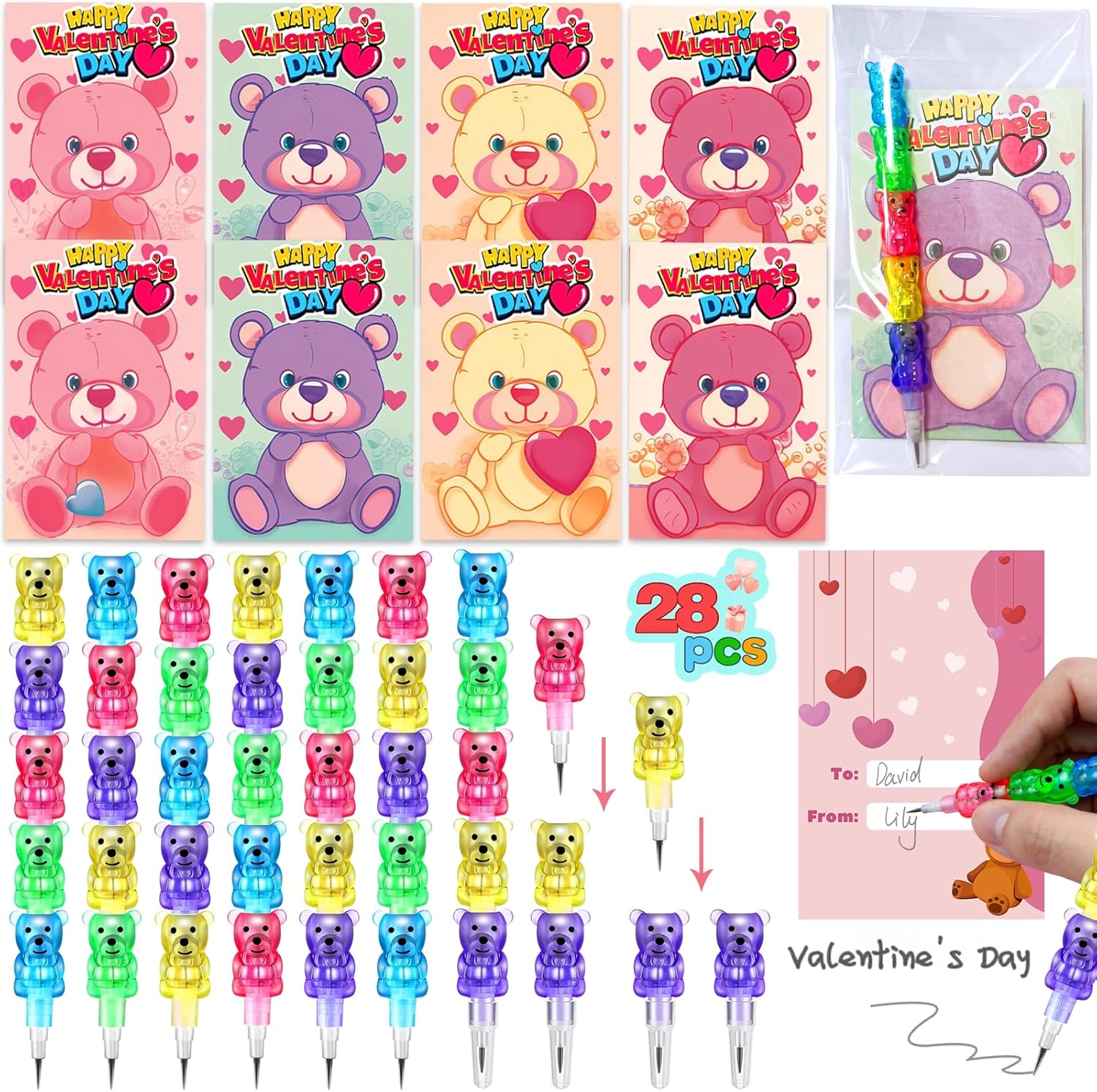 AMENON Valentines Day Gifts for Kids Classroom 28 Pack Cute 5 in 1 Stacking Bear...