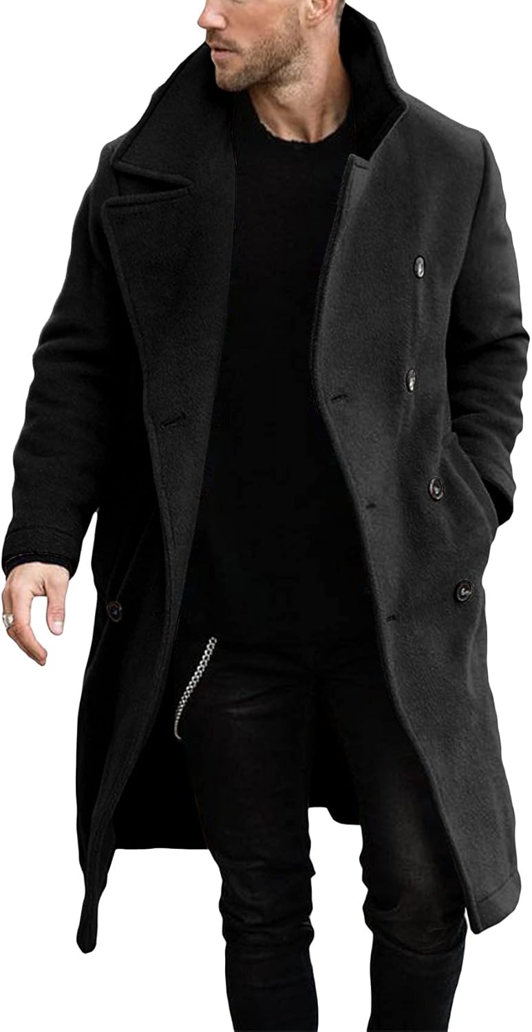 Makkrom Mens Double Breasted Trench Coat Casual Lapel Collar Business Winter Lon...