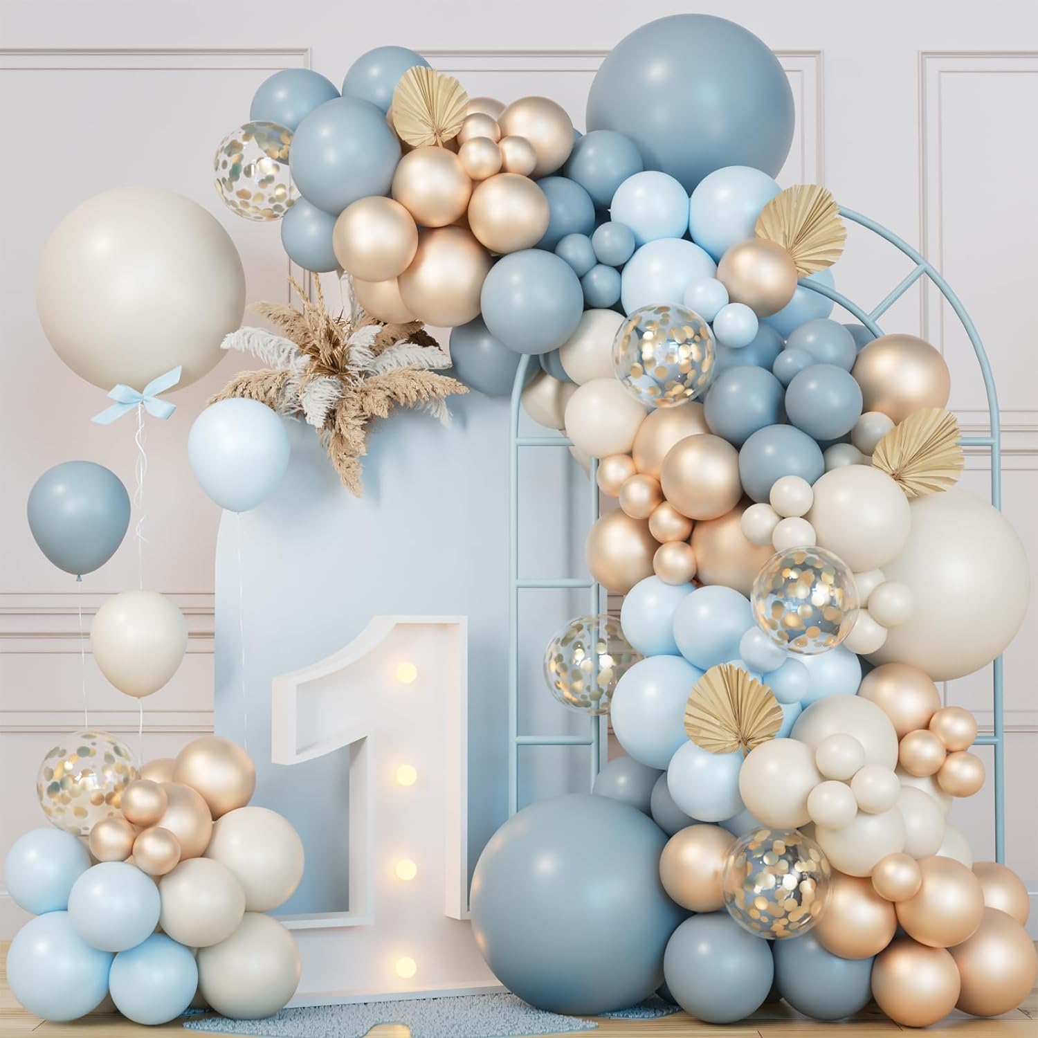 Dusty Baby Blue Balloon Arch Garland Kit 151Pcs,Slate Fog Baby Blue Sand White M...