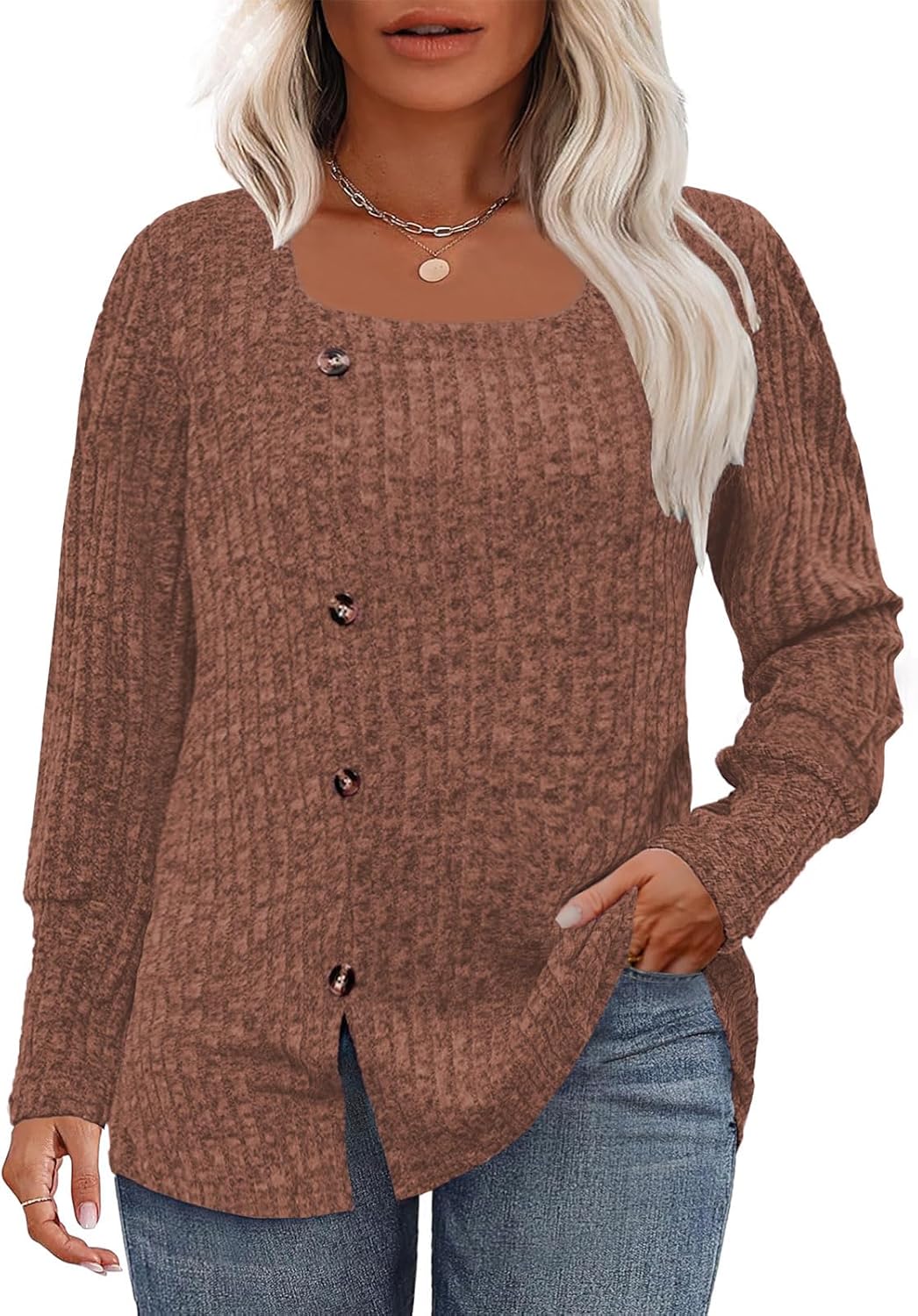 Plus Size Sweaters for Women Long Sleeve Square Neck Shirts Buttons Fashion Dres...