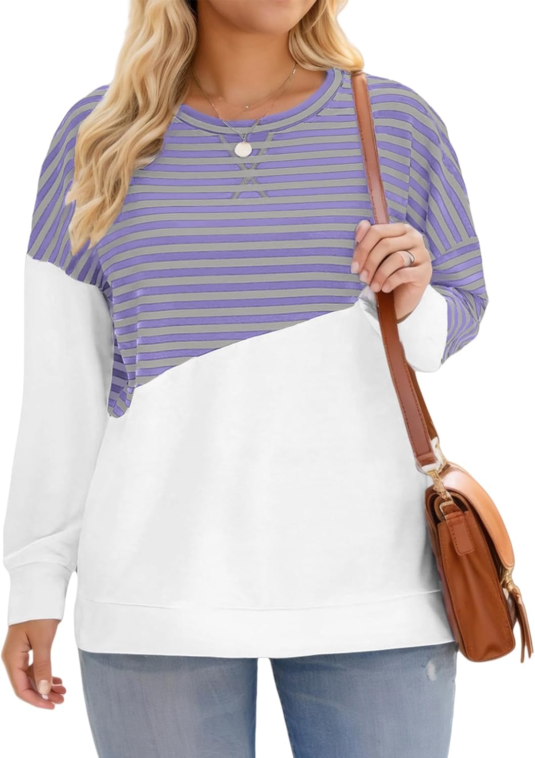 ROSRISS Womens Plus Size Sweatshirts Long Sleeve Side Split Striped Colorblock T...