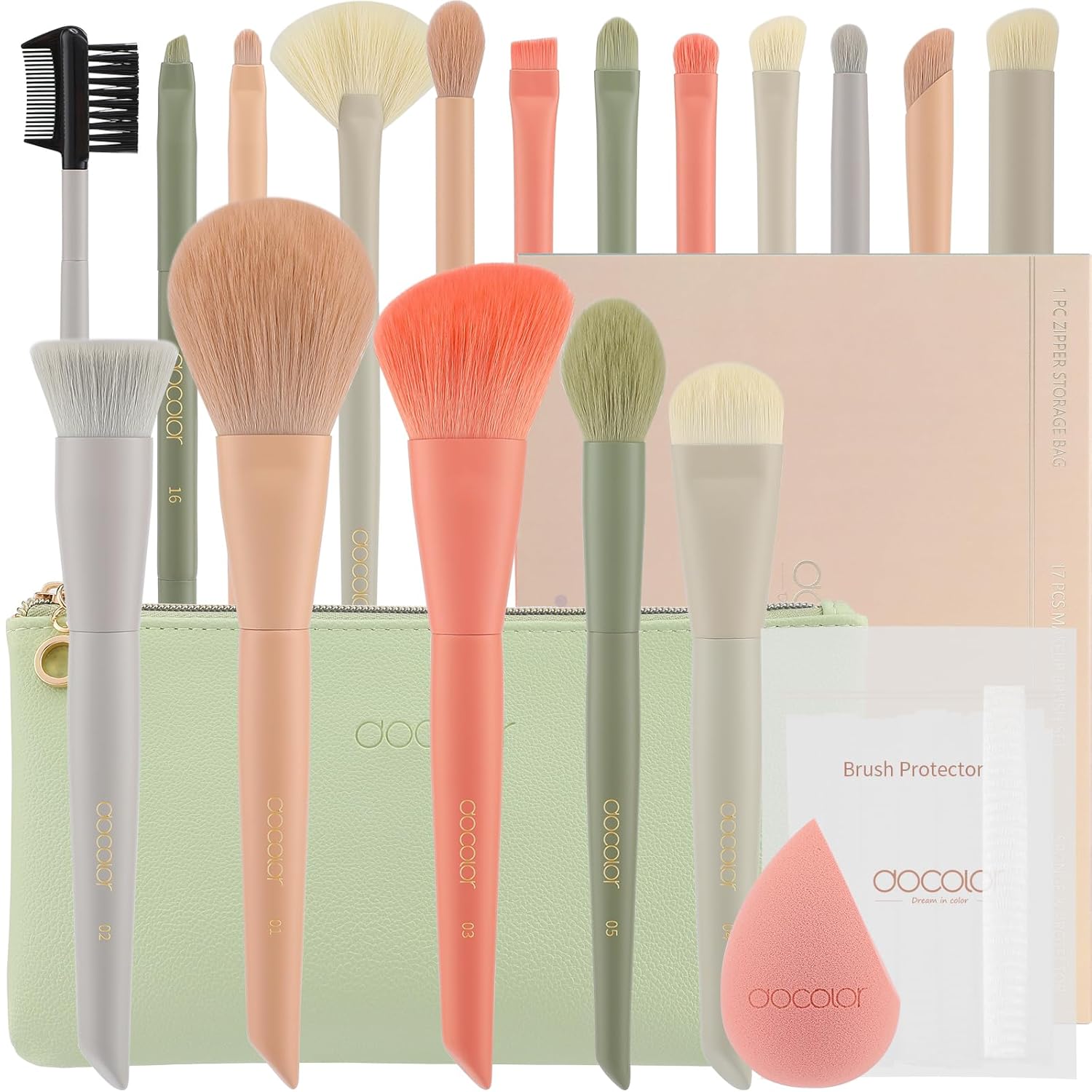 Docolor Makeup Brushes Set with Makeup Bag and Makeup Sponge and Brush Protector...