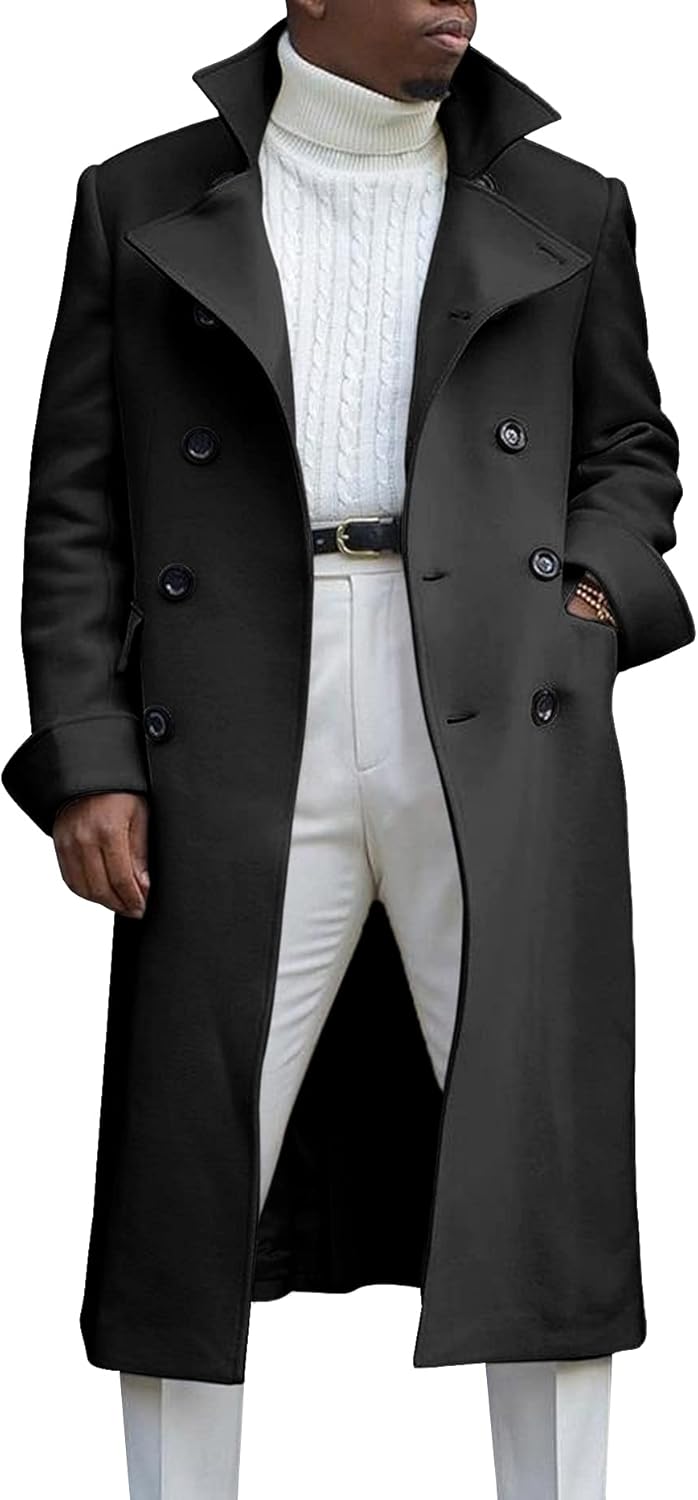 Ebifin Men's Notch Lapel Double Breasted Long Trench Coat Casual Cotton Blend Pe...