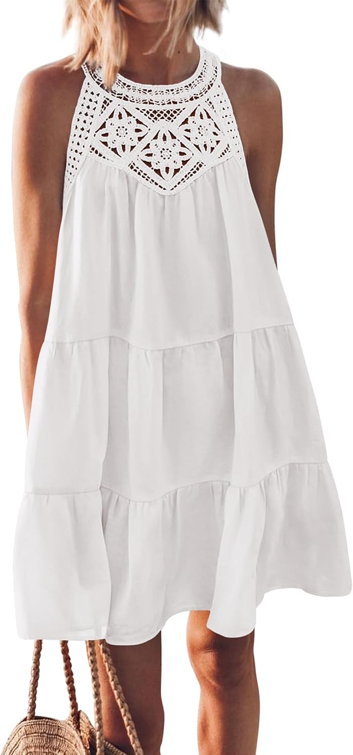 BTFBM Women's Summer Hollow Out Halter Dresses Casual Sleeveless A-Line Tiered S...