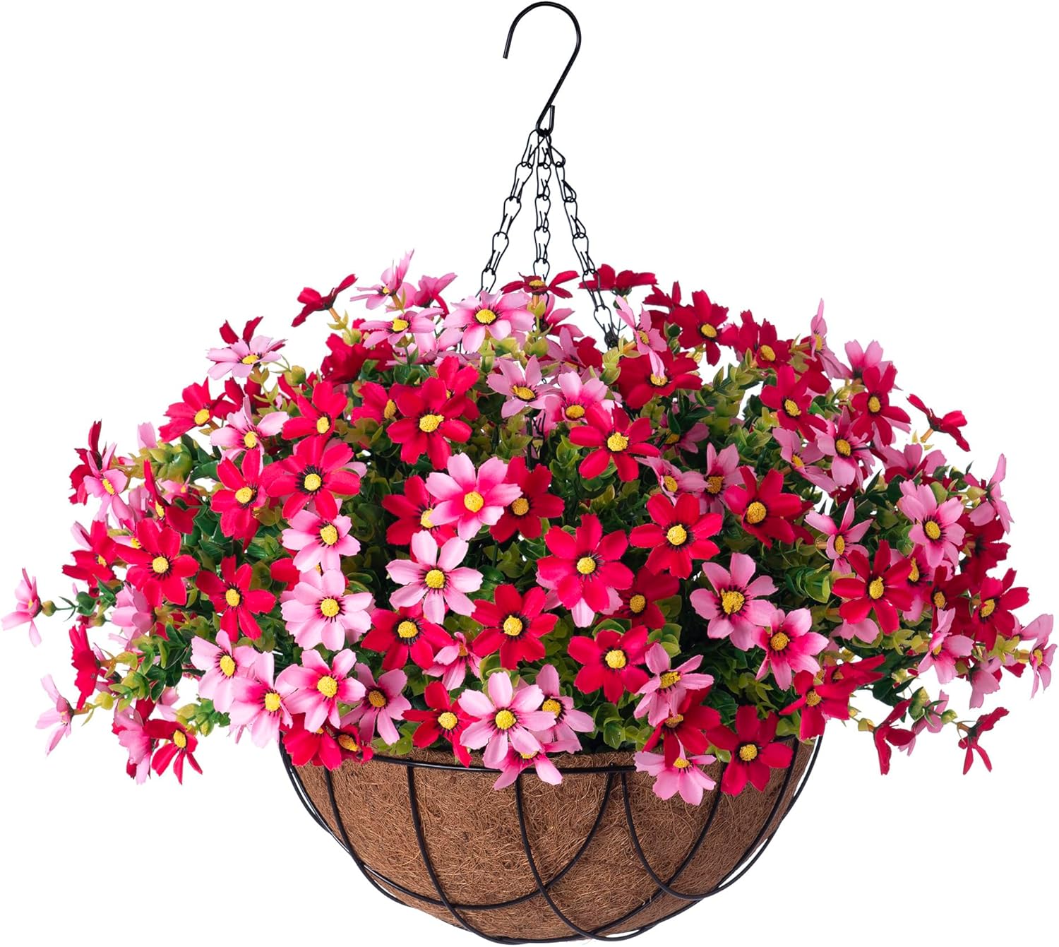12" Hanging Planter with Artificial Silk Daisy Flowers for Outdoor Decor, Faux S...