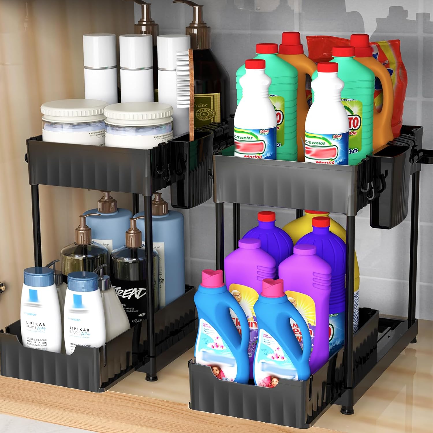 Under Sink Organizer 2 Pack, ABS Material Sliding Under Kitchen Sink Organizers...