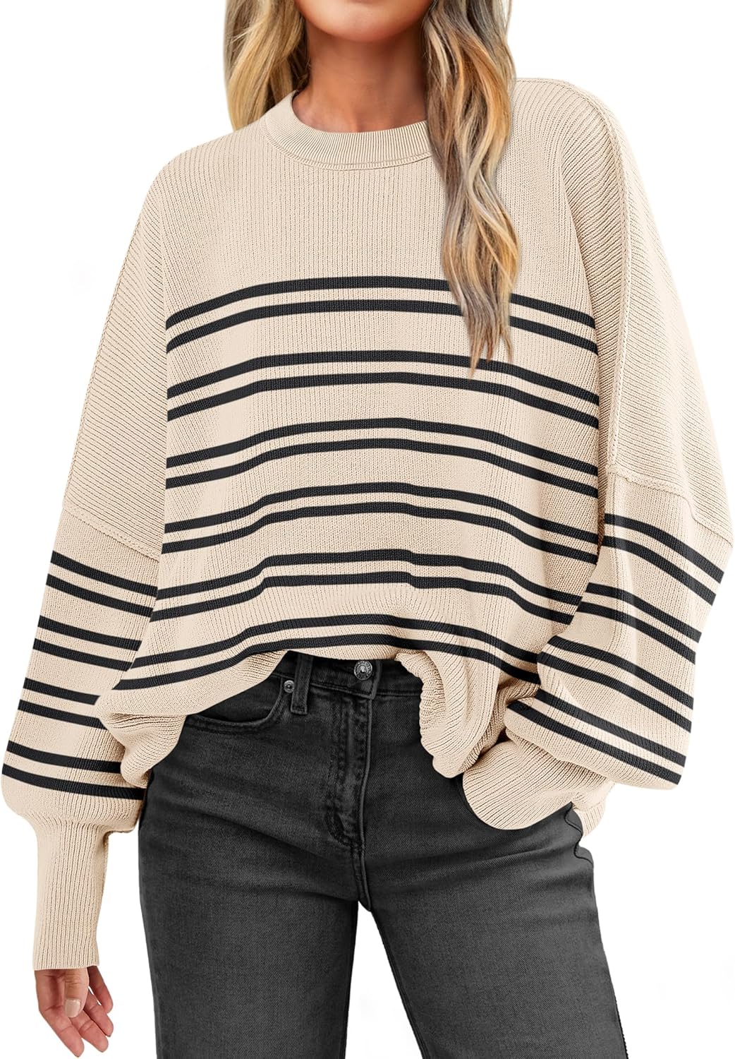LOGENE Women's Oversized Batwing Long Sleeve Crewneck Side Slit Ribbed Knit Pull...