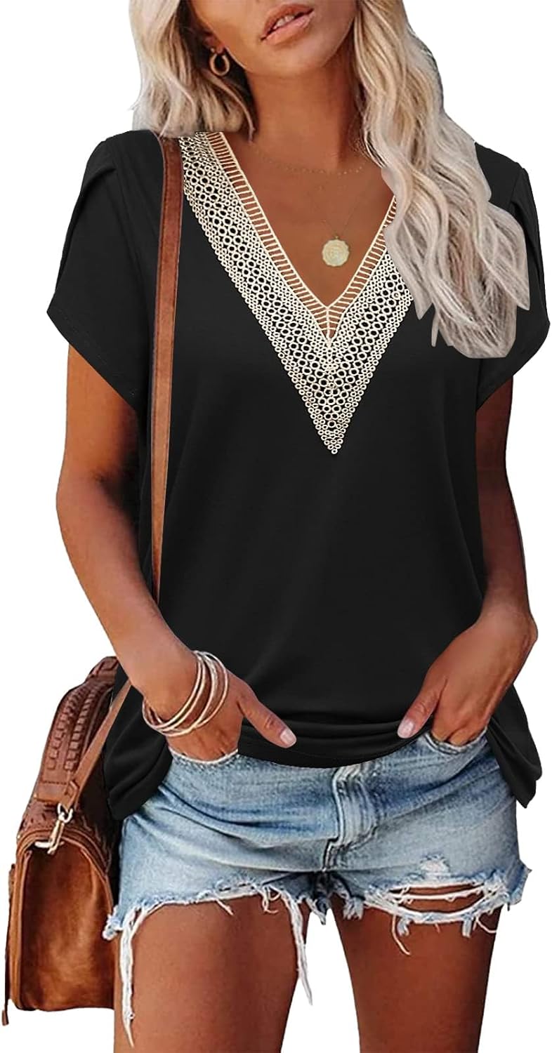 Famulily Women's Lace Trim V Neck T-Shirts, Short Petal Sleeve Summer Dressy Top...