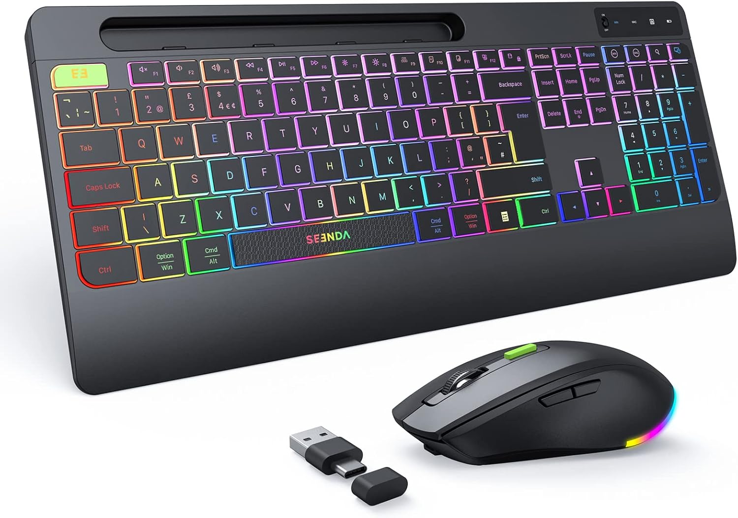 seenda 2.4G Wireless Keyboard and Mouse Combo with Rainbow Backlit, Rechargeable...