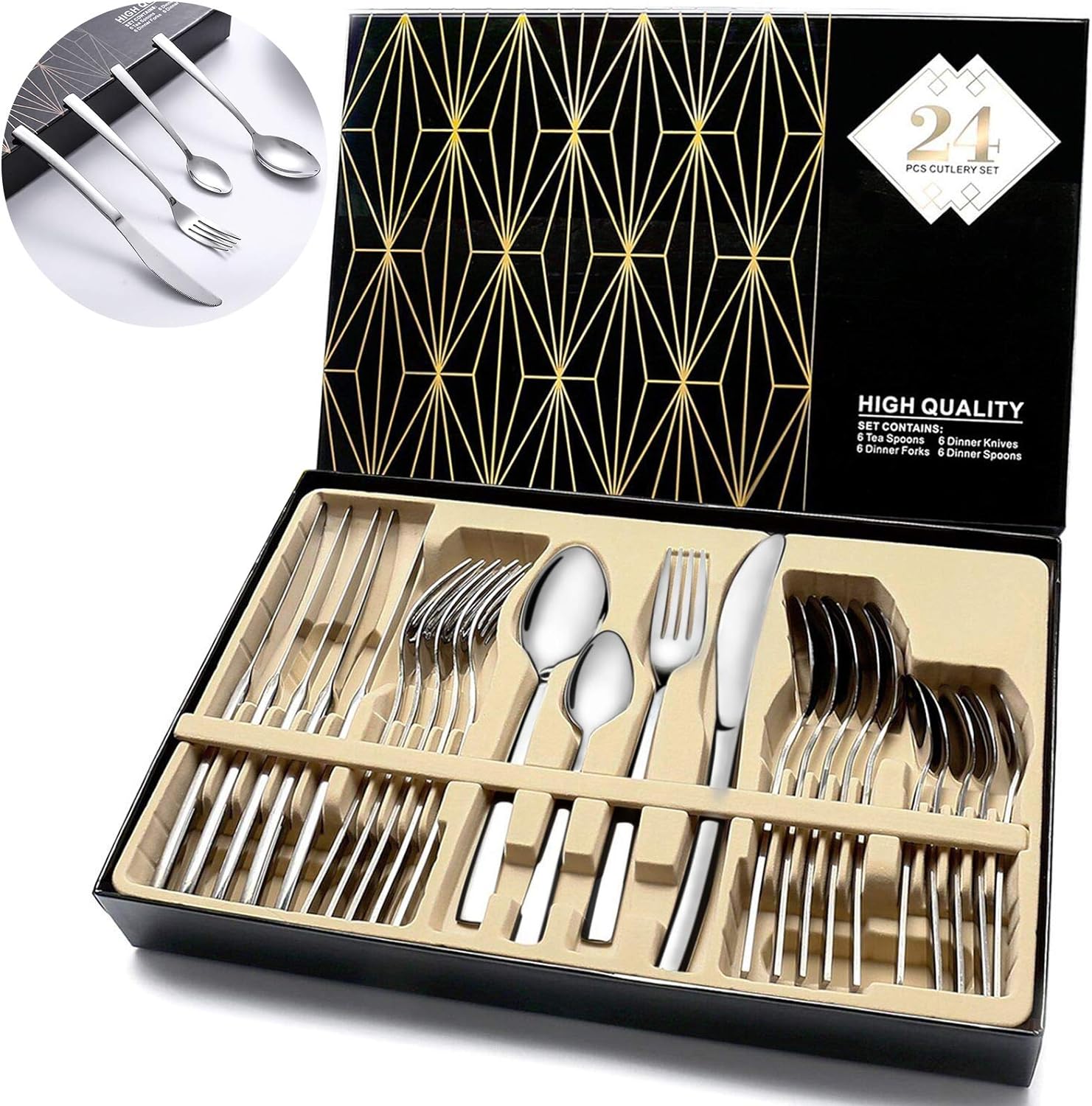 Cutlery Set, 24 Piece Cutlery Set Stainless Steel Flatware Silverware Set Includ...