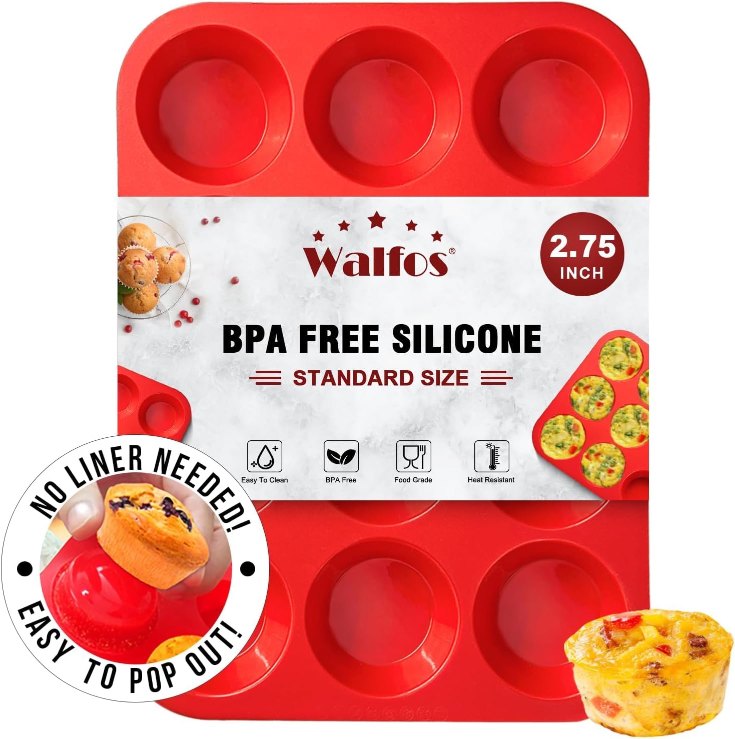 Walfos Silicone Muffin Pan - 12 Cups Regular Silicone Cupcake Pan, Non-Stick Sil...