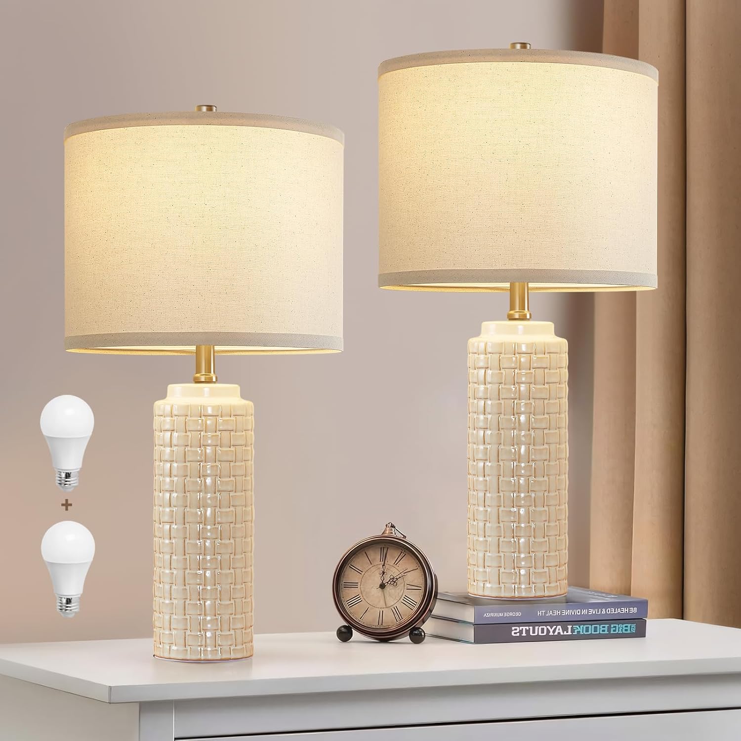 Luvkczc 24.8" Modern Ceramic Bedside Lamp Set of 2, 3 Color Temperature&Bulbs In...