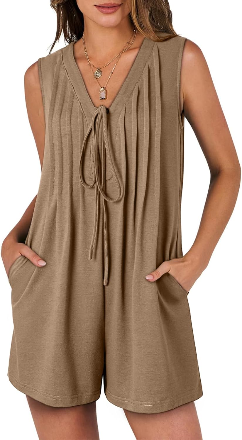 AlvaQ Womens Rompers Summer Loose Sleeveless Pleated Tie Front V Neck Shorts Jum...