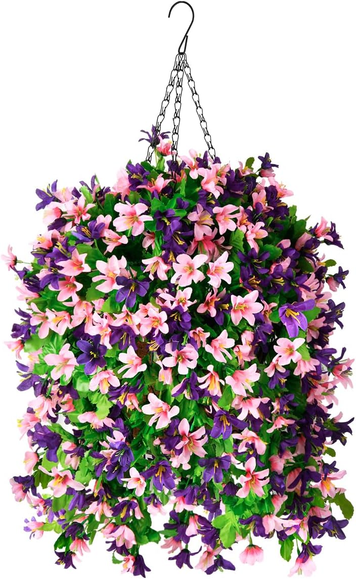 INQCMY Artificial Hanging Flowers in Basket for Outdoor Summer Decoration,4pcs F...
