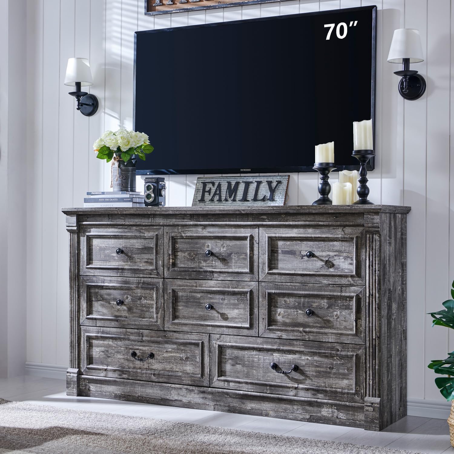 Farmhouse 8 Drawers Dresser for Bedroom, 61" Wide Large Dressers & Chests of Dra...