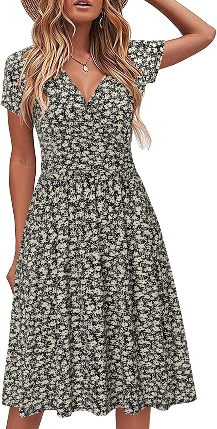 STYLEWORD Women's Summer Dress Short Sleeve V-Neck Sundress Floral Wrap Waist Ca...