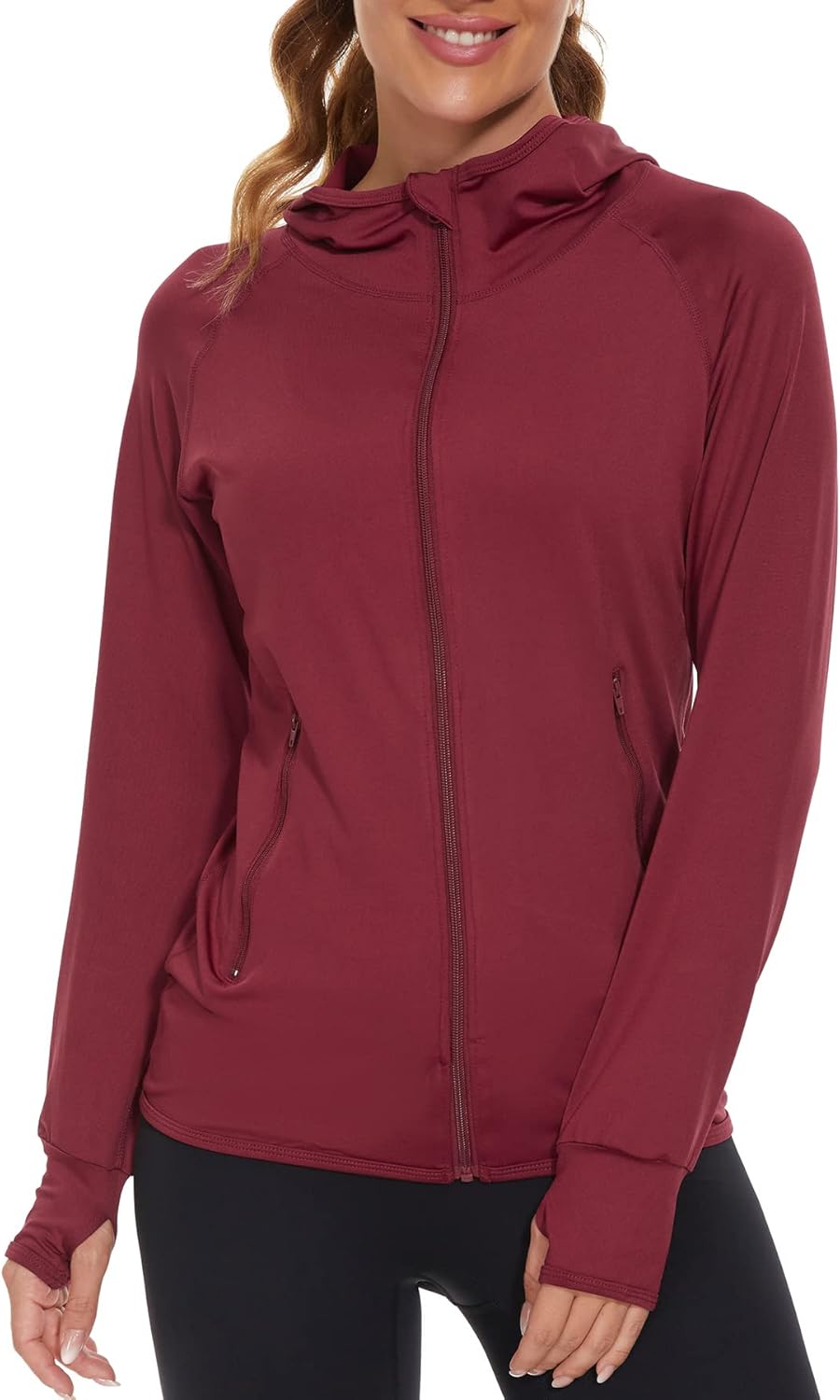 AMZSPORT Women's Running Jacket Long Sleeve Gym Sports Hoodie with Zip Side Pock...