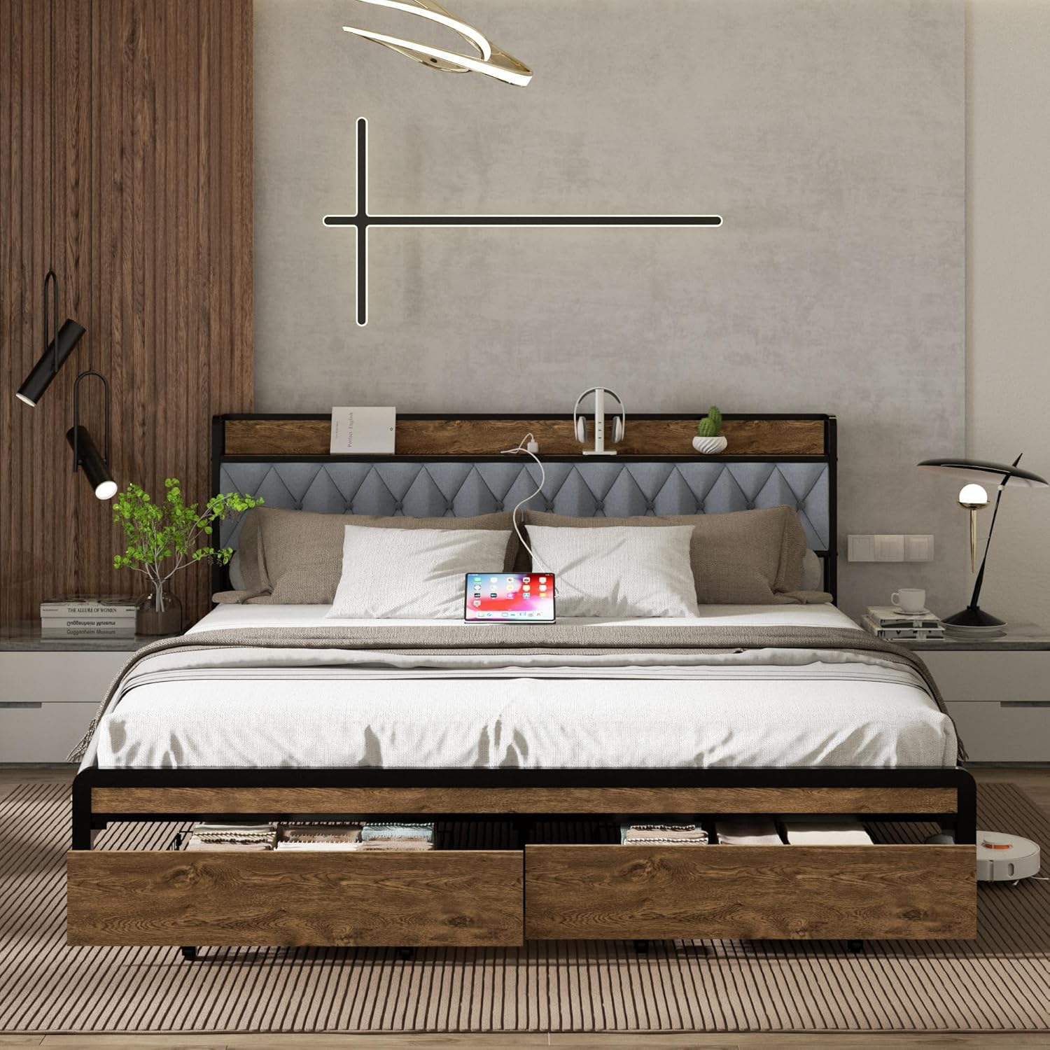 King Size Metal Platform Bed Frame with 2 Storage Drawers & LED Light, Velvet Bu...