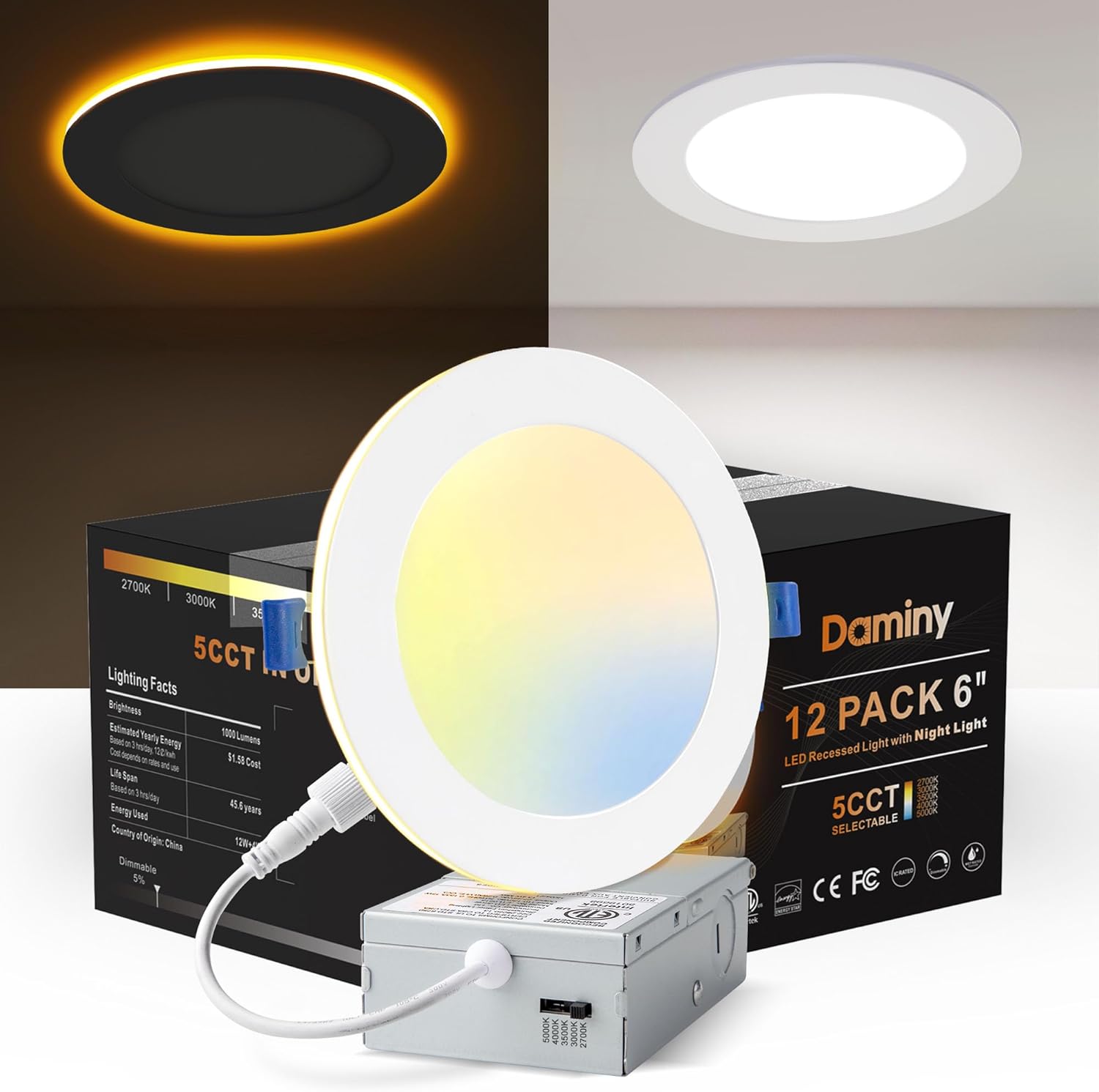 DAMINY 12 Pack 6 Inch 5CCT LED Recessed Light with Night Light,Ultra-Thin,Canles...