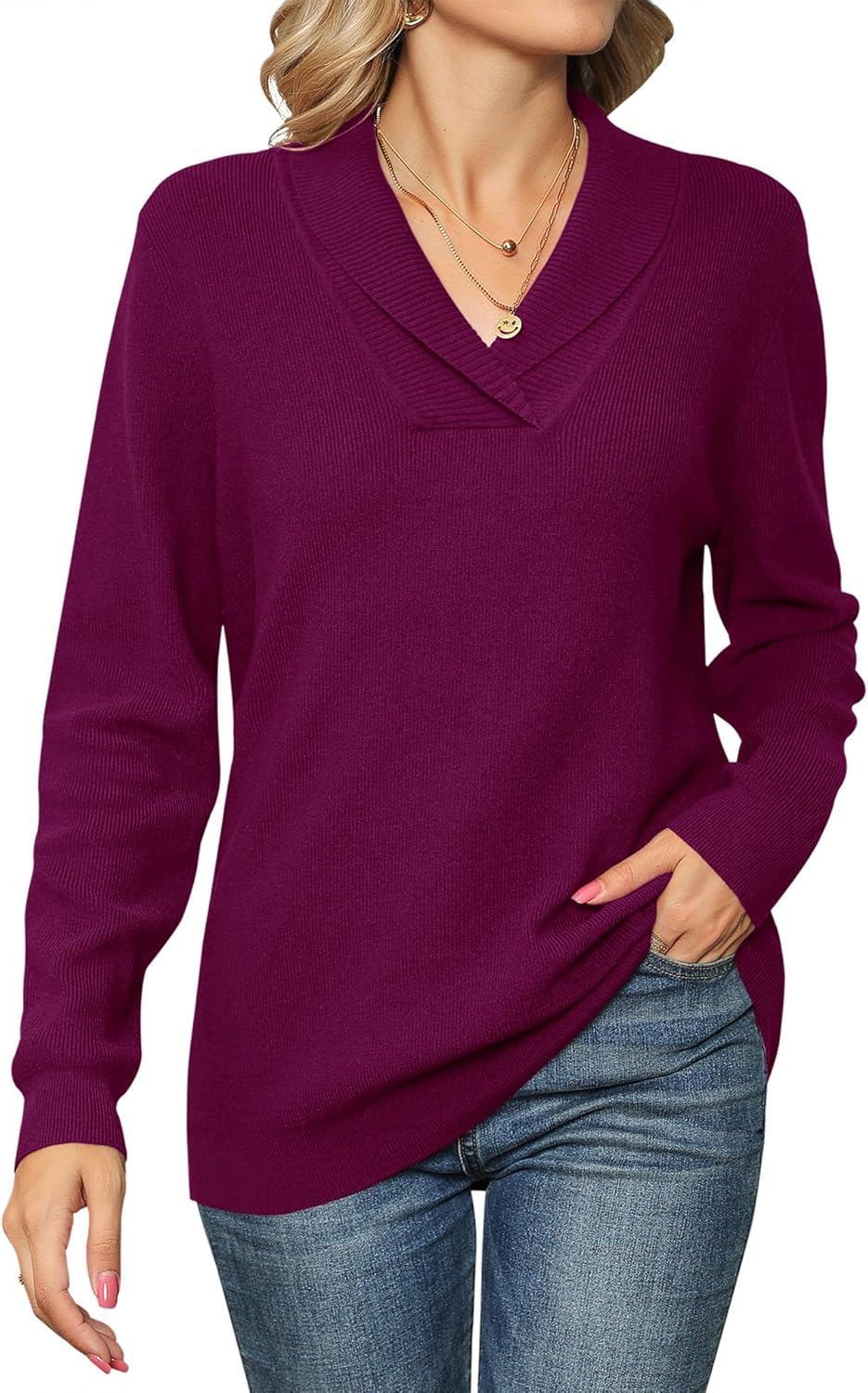 Ivicoer Women Long Sleeve V Neck Pullover Collar Knitted Sweaters X-Large Plum